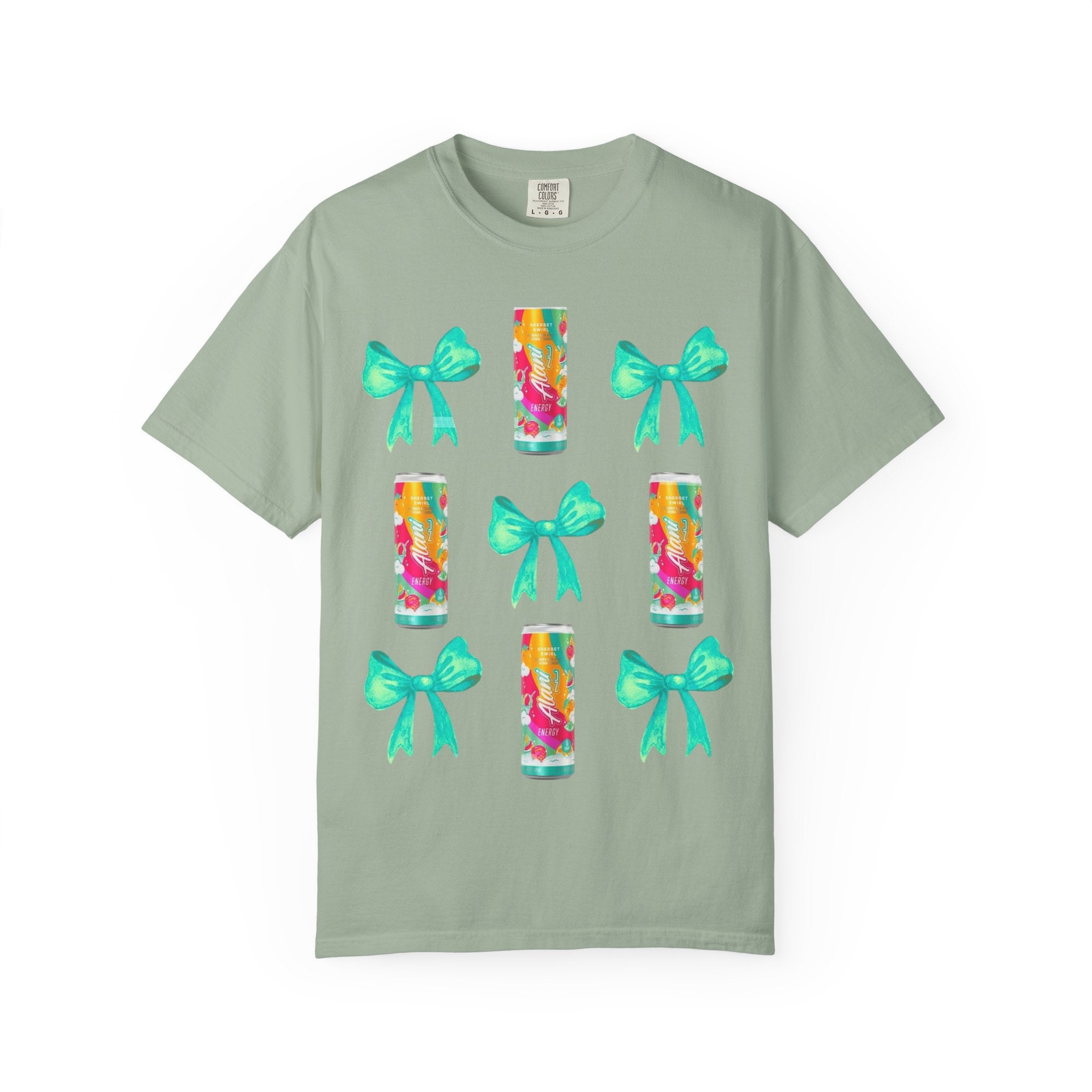 Bow & Can Pattern T-Shirt — Colorful Soda Can and Teal Bows Graphic Tee