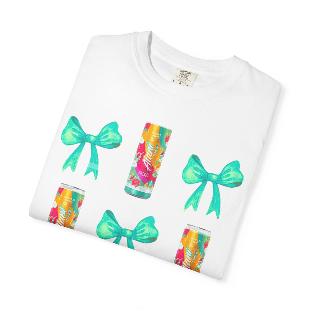 Bow & Can Pattern T-Shirt — Colorful Soda Can and Teal Bows Graphic Tee