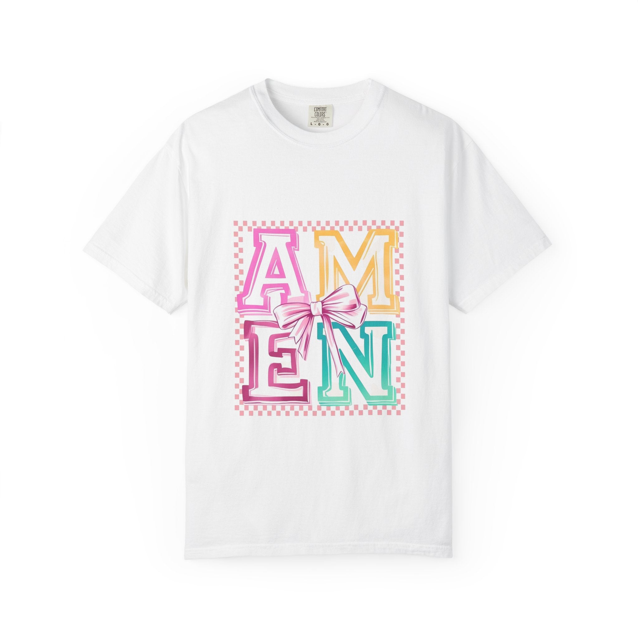 Amen Pastel Graphic T-Shirt — Retro Lettering with Bow