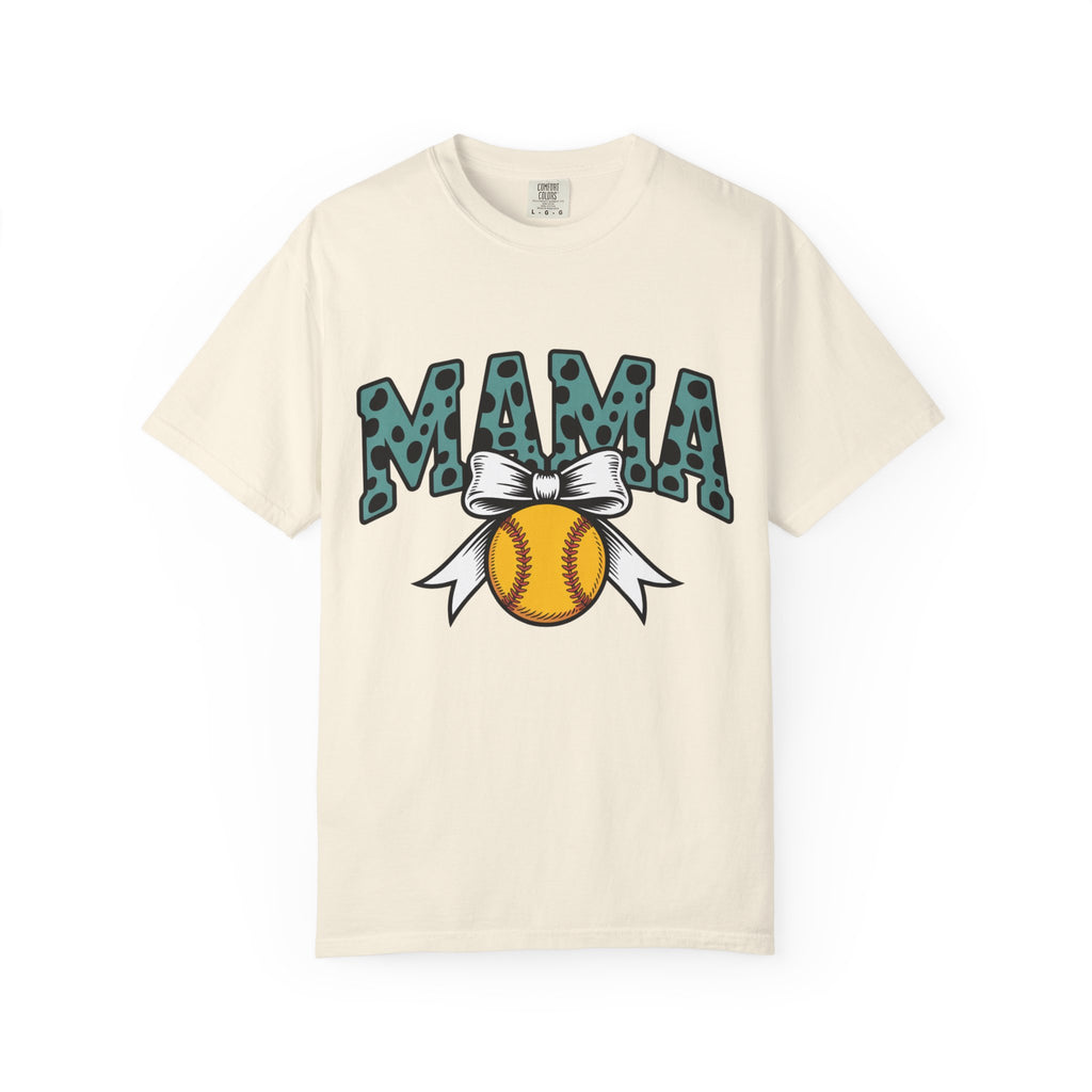 Softball Mama T-Shirt — Polka Dot 'MAMA' Design with Bow & Softball