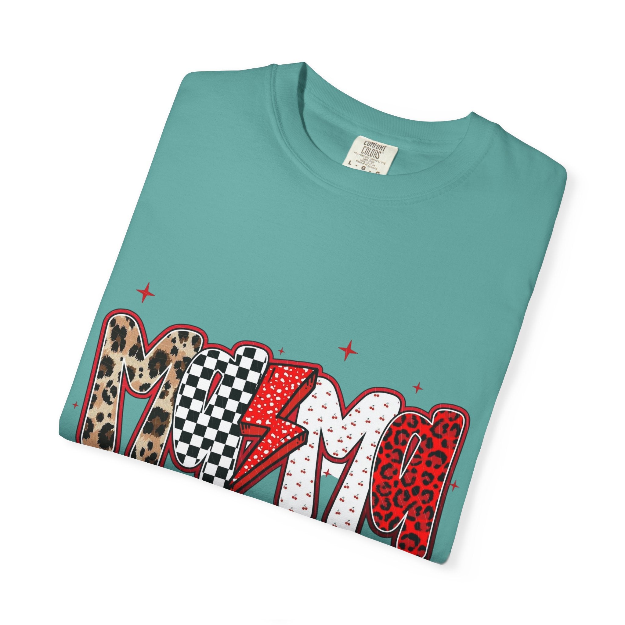 Mom Lightning Bolt Graphic T-Shirt — Retro Checker & Leopard Print Cute Mom Tee