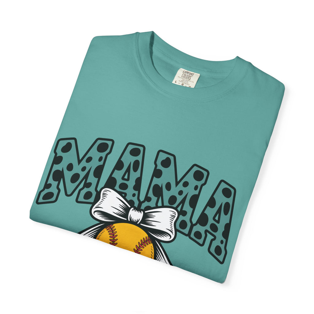 Softball Mama T-Shirt — Polka Dot 'MAMA' Design with Bow & Softball