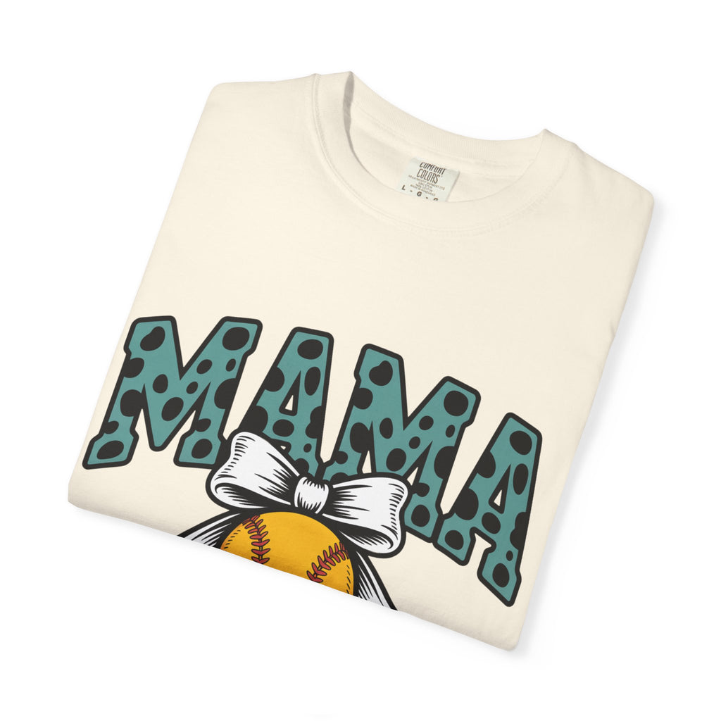 Softball Mama T-Shirt — Polka Dot 'MAMA' Design with Bow & Softball