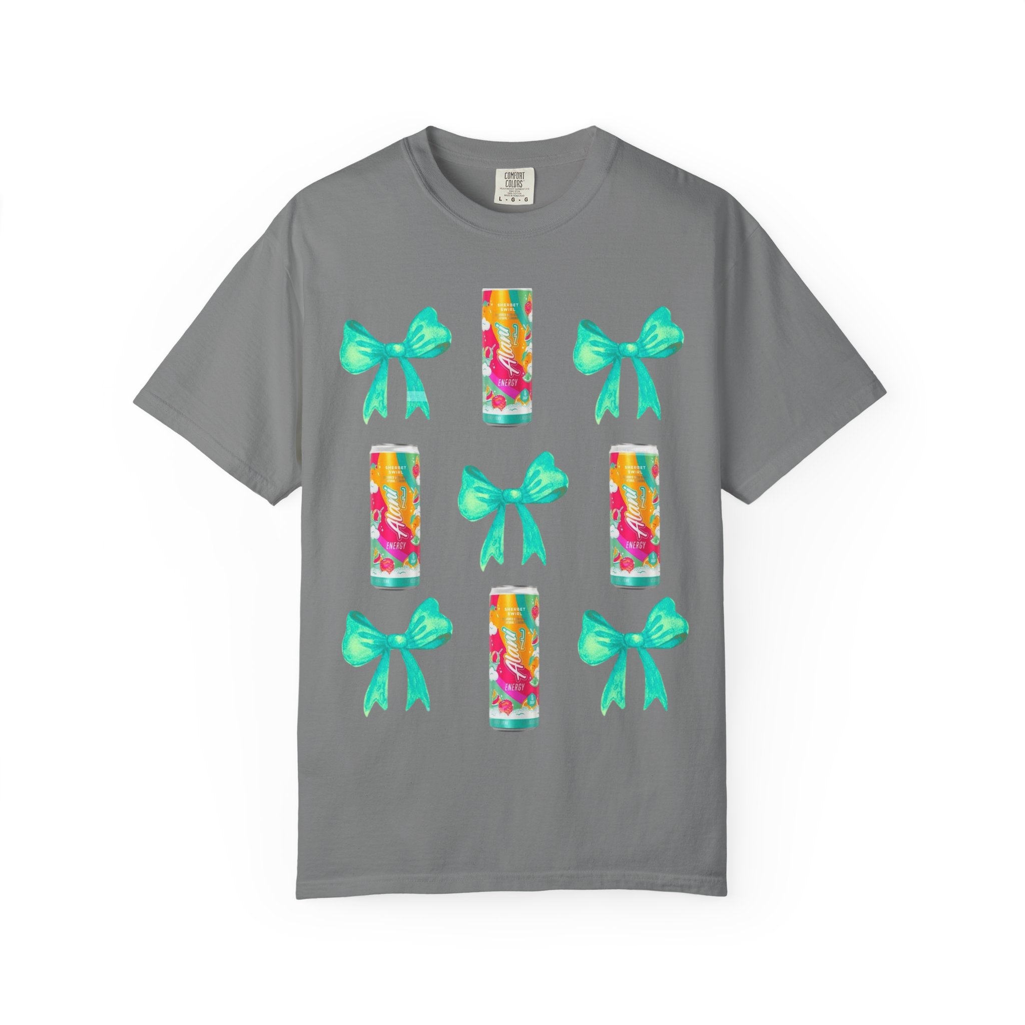 Bow & Can Pattern T-Shirt — Colorful Soda Can and Teal Bows Graphic Tee