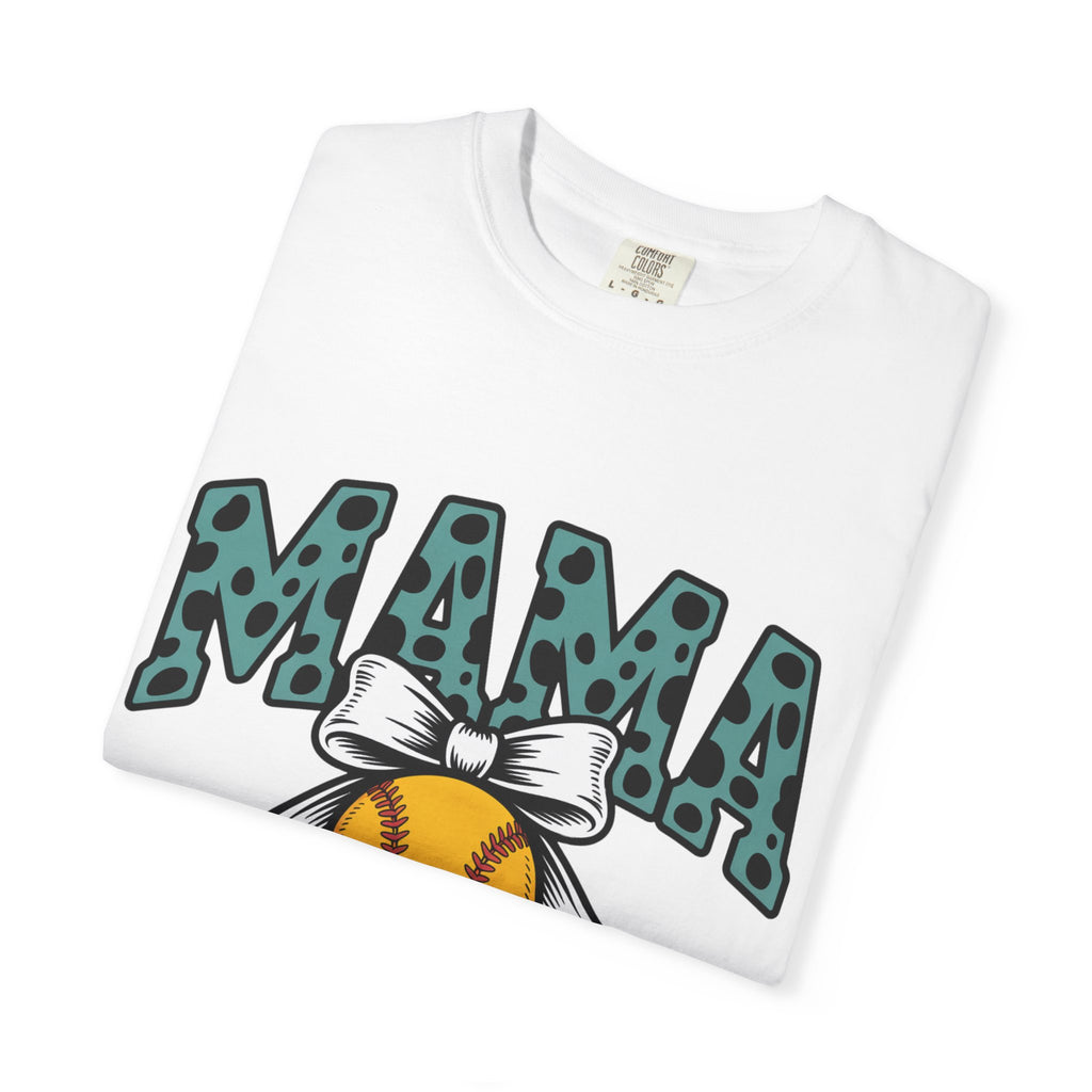 Softball Mama T-Shirt — Polka Dot 'MAMA' Design with Bow & Softball