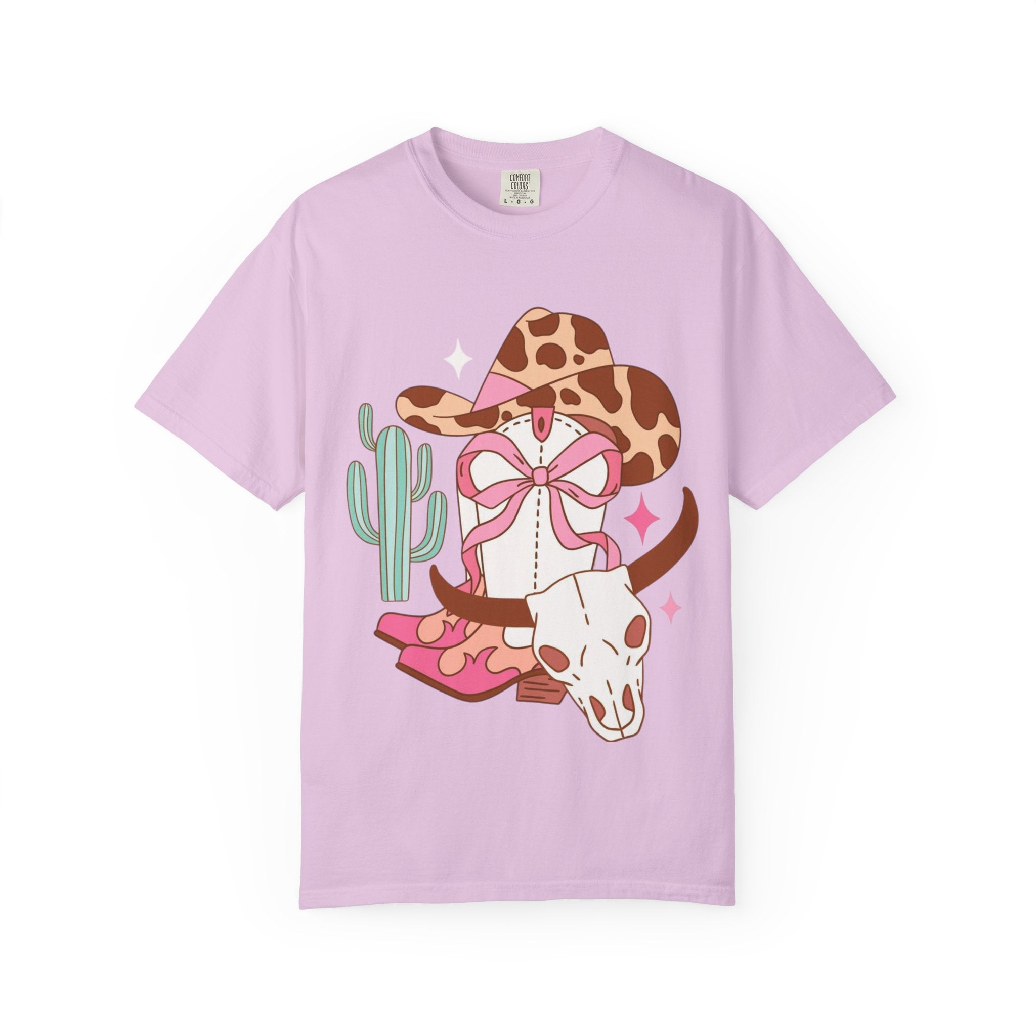 Cowgirl Skull Graphic T-Shirt — Western Cowhide Hat & Cactus Tee