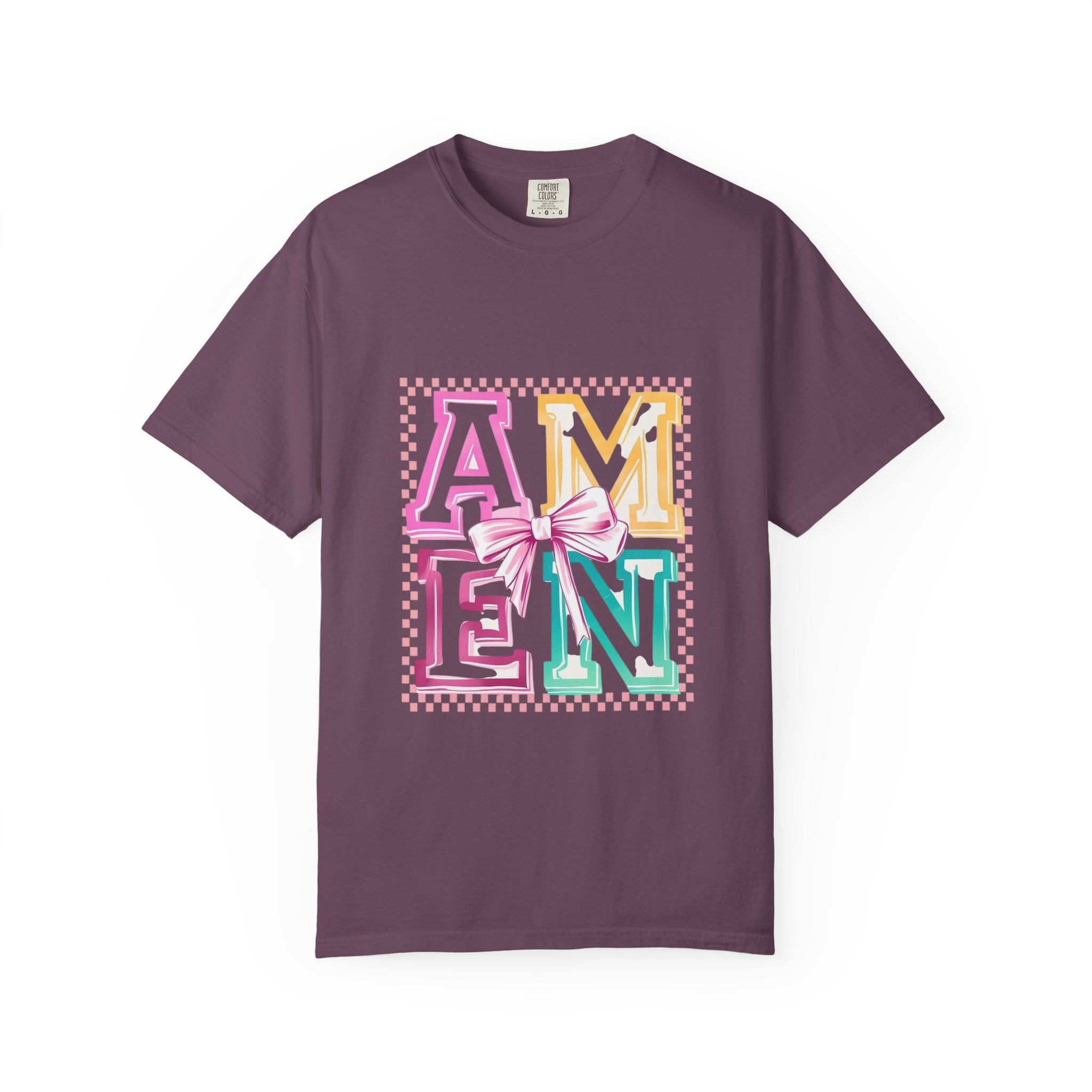 Amen Pastel Graphic T-Shirt — Retro Lettering with Bow