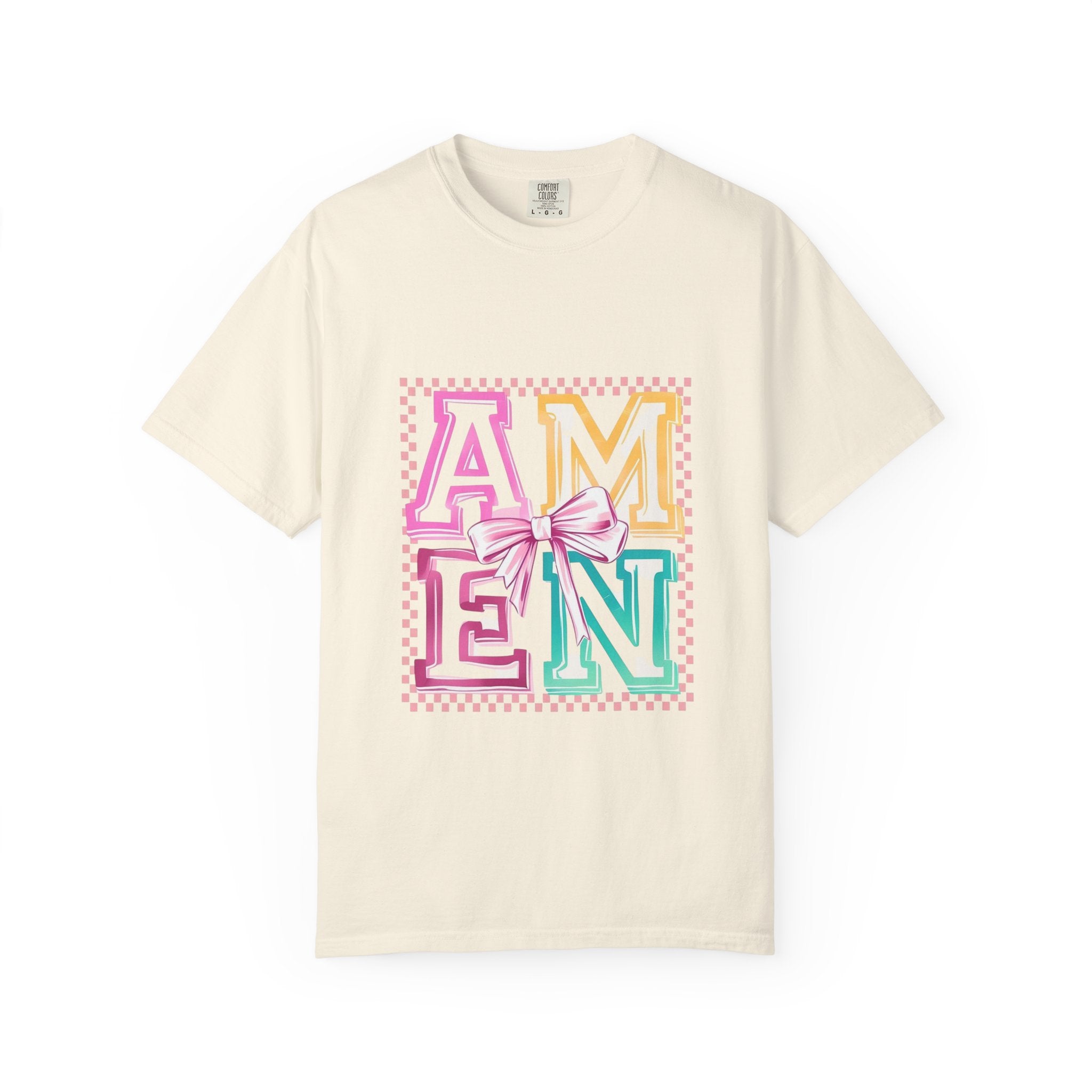 Amen Pastel Graphic T-Shirt — Retro Lettering with Bow