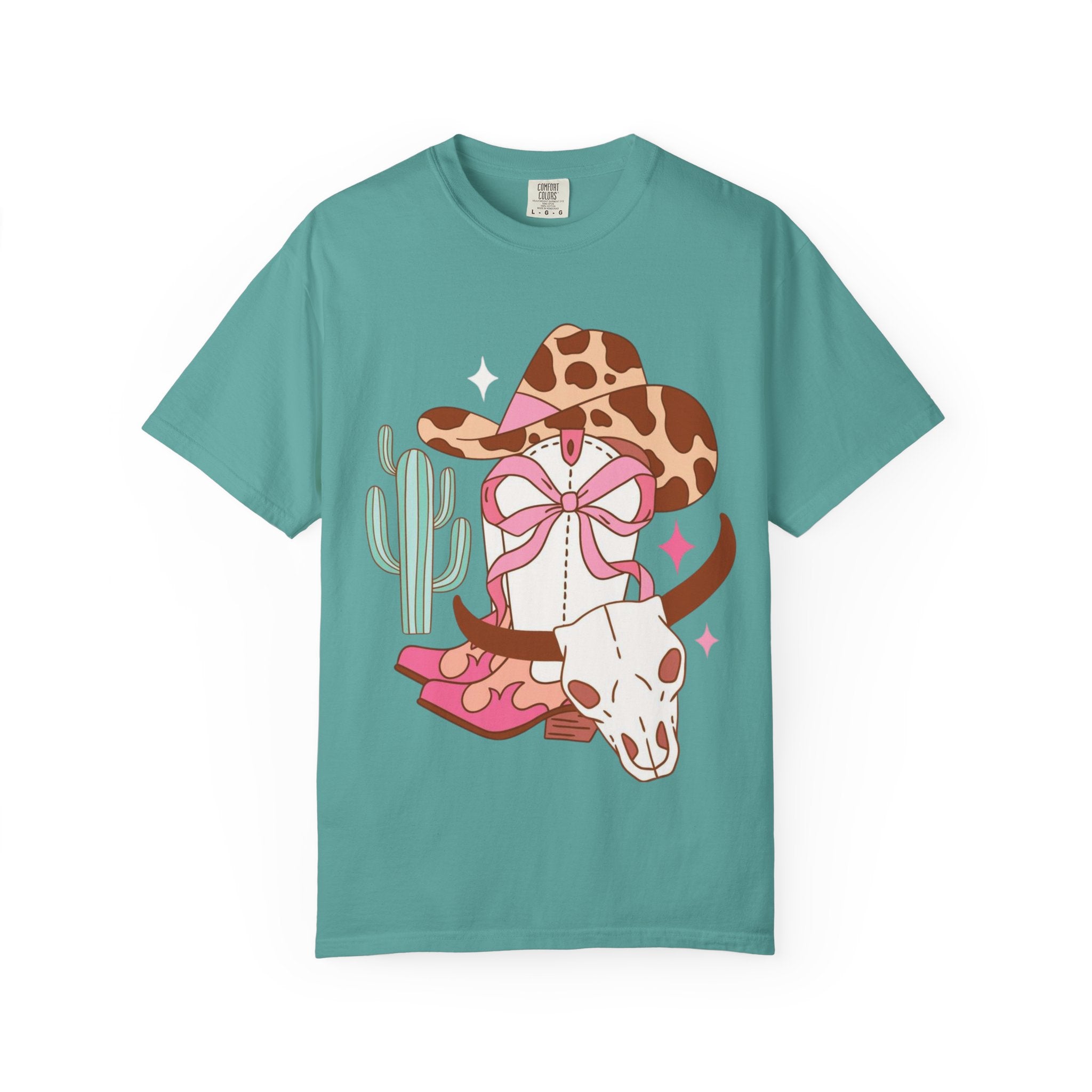 Cowgirl Skull Graphic T-Shirt — Western Cowhide Hat & Cactus Tee
