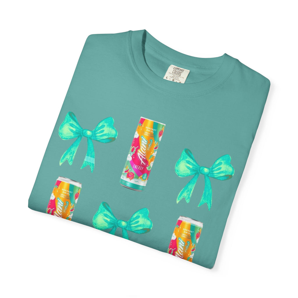 Bow & Can Pattern T-Shirt — Colorful Soda Can and Teal Bows Graphic Tee