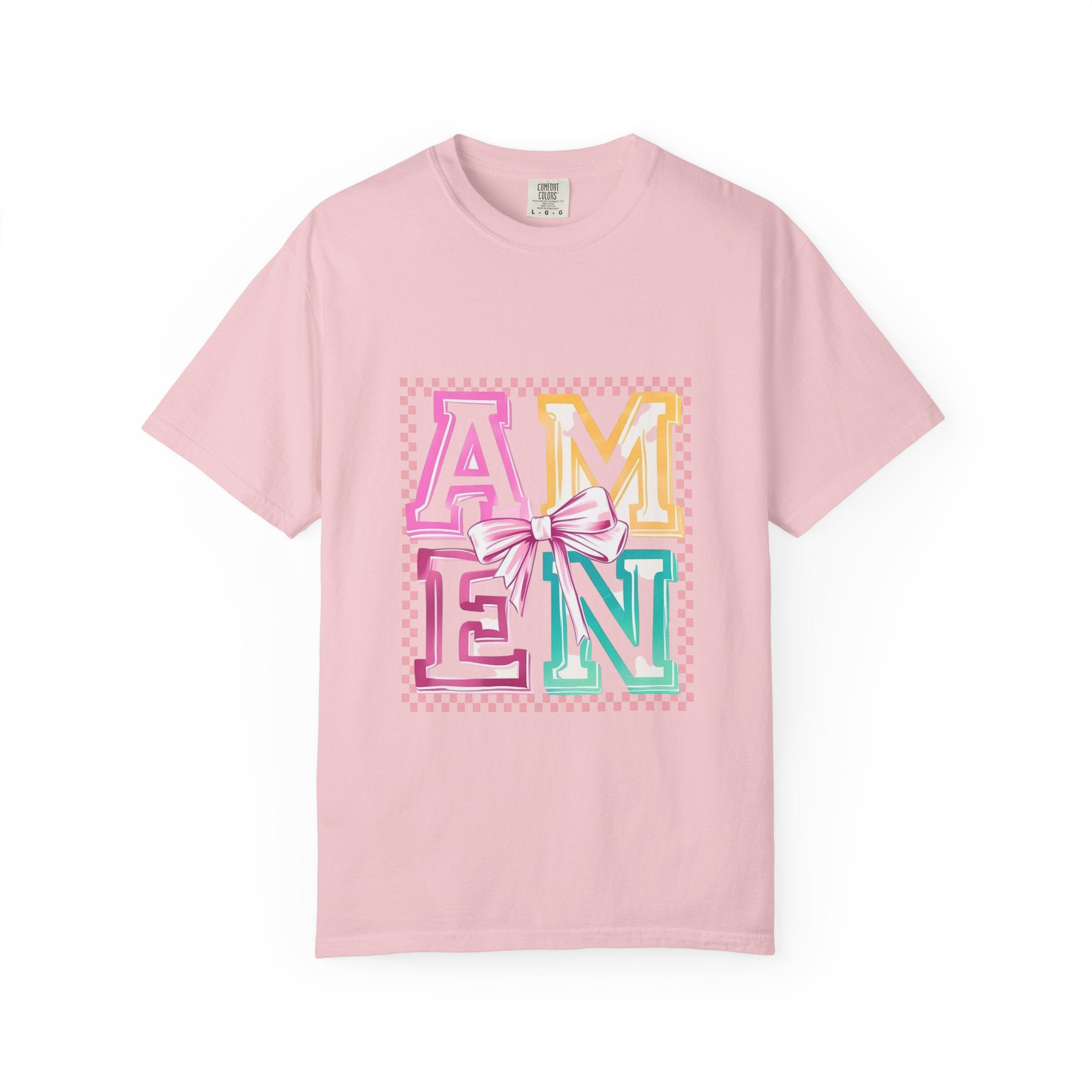 Amen Pastel Graphic T-Shirt — Retro Lettering with Bow