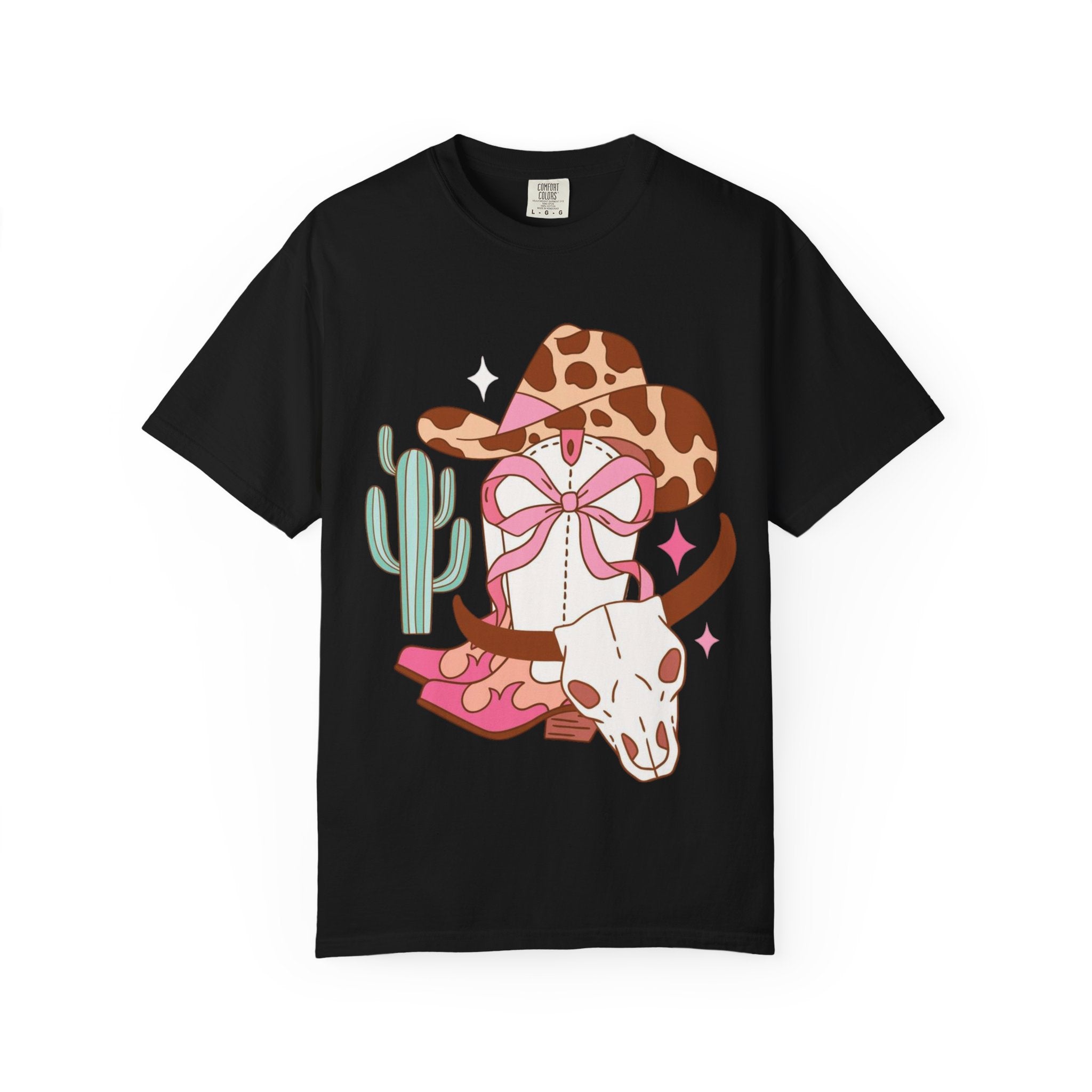 Cowgirl Skull Graphic T-Shirt — Western Cowhide Hat & Cactus Tee