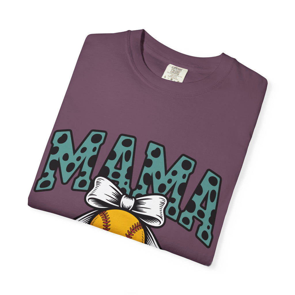 Softball Mama T-Shirt — Polka Dot 'MAMA' Design with Bow & Softball