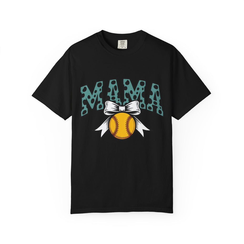 Softball Mama T-Shirt — Polka Dot 'MAMA' Design with Bow & Softball