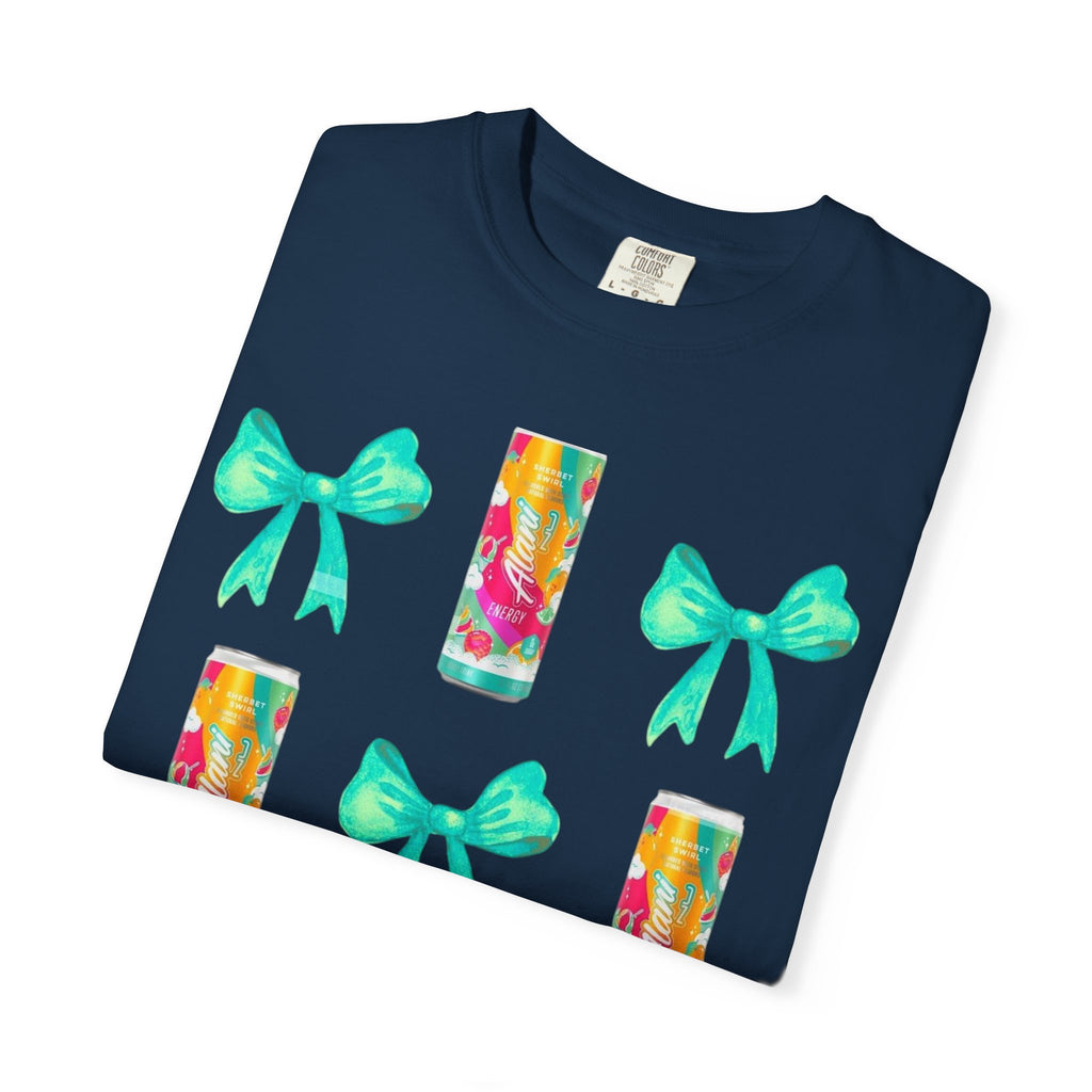 Bow & Can Pattern T-Shirt — Colorful Soda Can and Teal Bows Graphic Tee