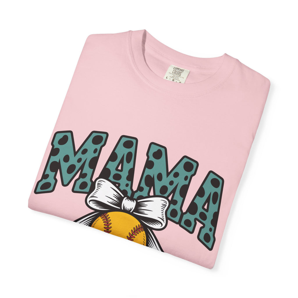 Softball Mama T-Shirt — Polka Dot 'MAMA' Design with Bow & Softball