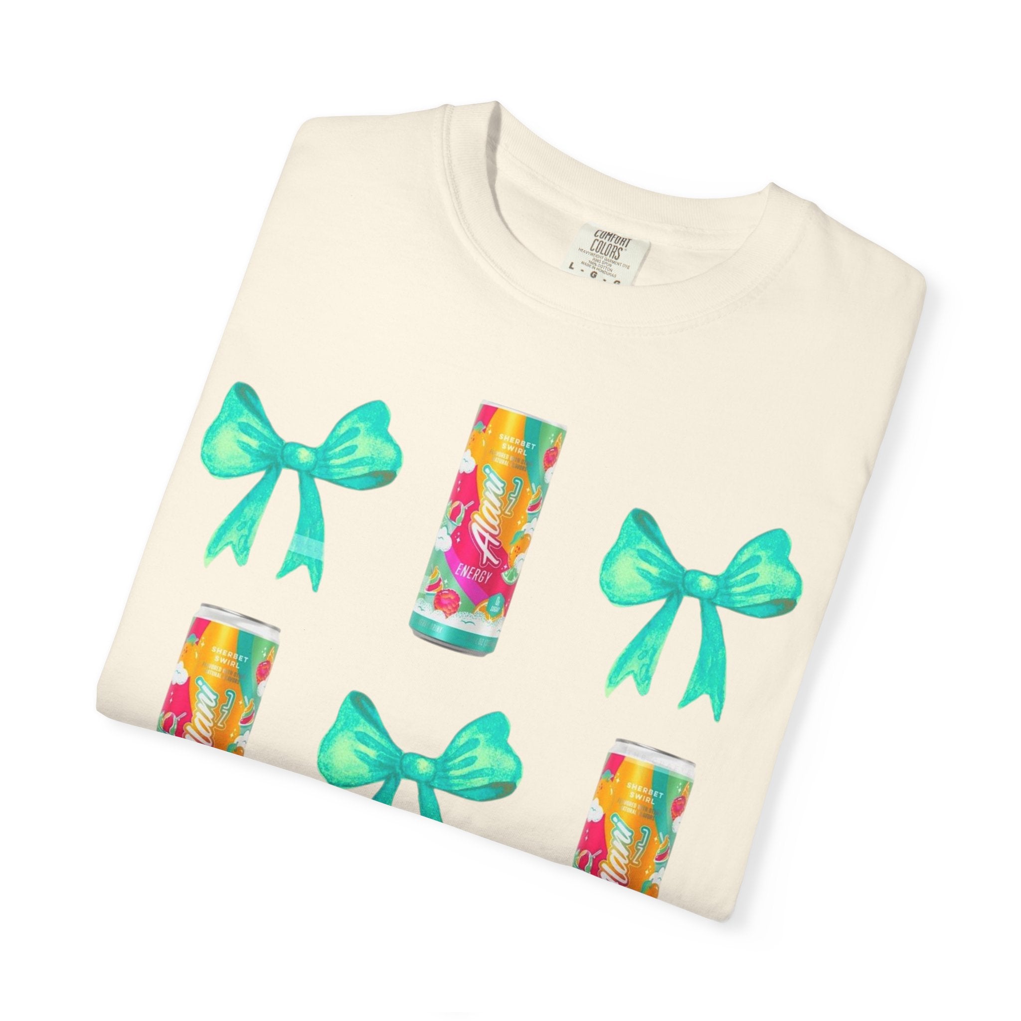 Bow & Can Pattern T-Shirt — Colorful Soda Can and Teal Bows Graphic Tee
