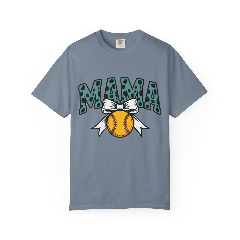 Softball Mama T-Shirt — Polka Dot 'MAMA' Design with Bow & Softball