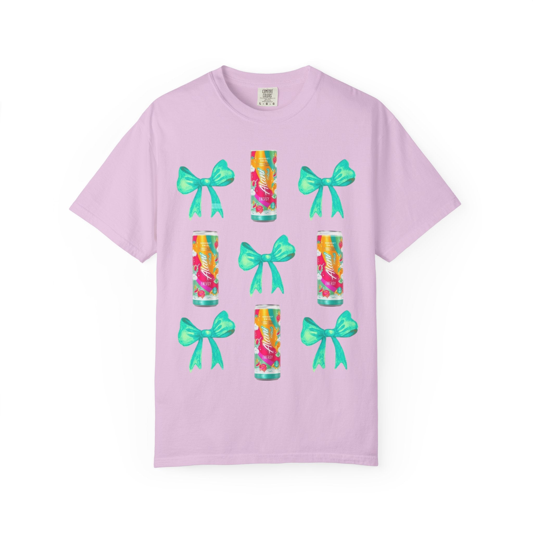 Bow & Can Pattern T-Shirt — Colorful Soda Can and Teal Bows Graphic Tee
