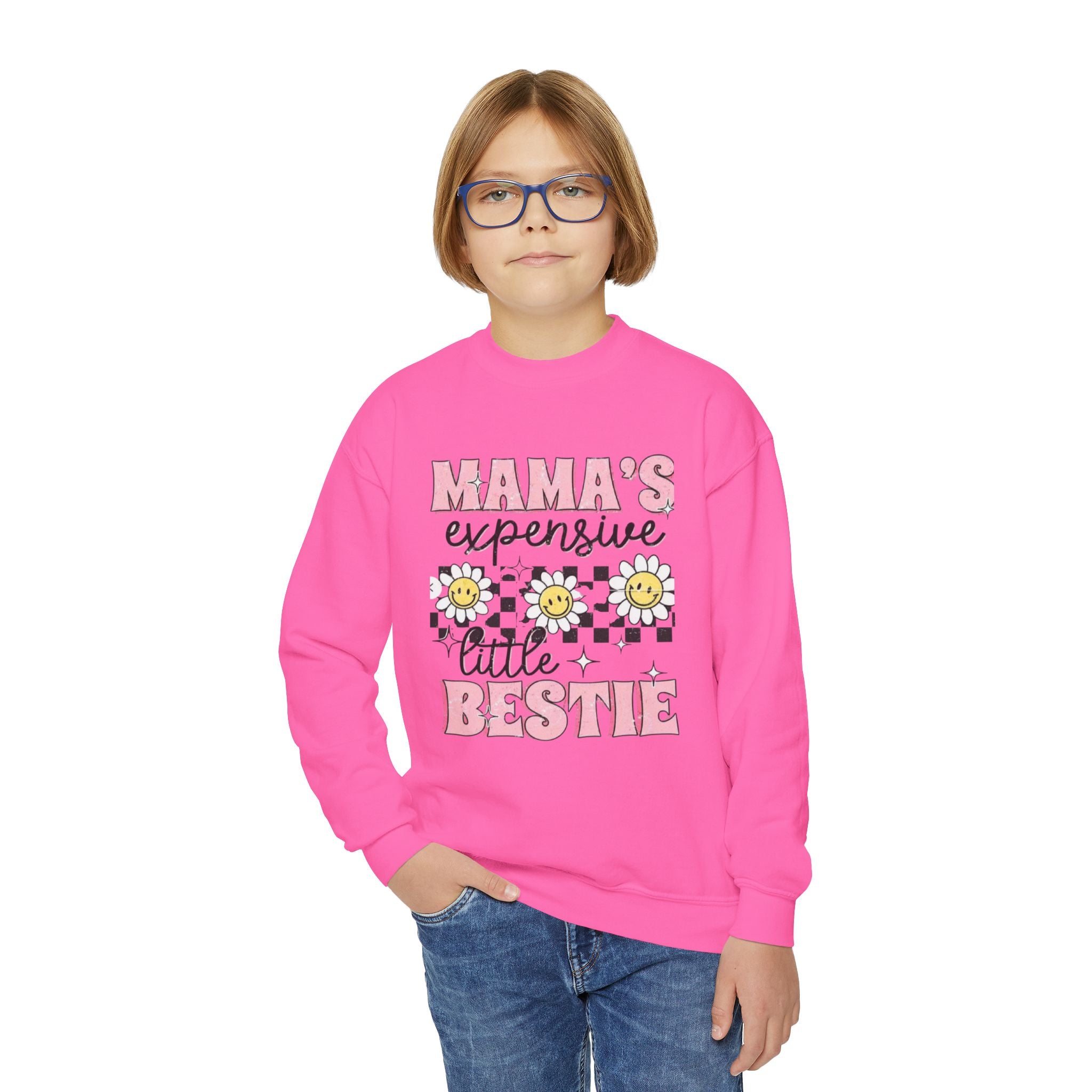 Youth Sweatshirt — "Mama's Expensive Little Bestie" Floral Crewneck