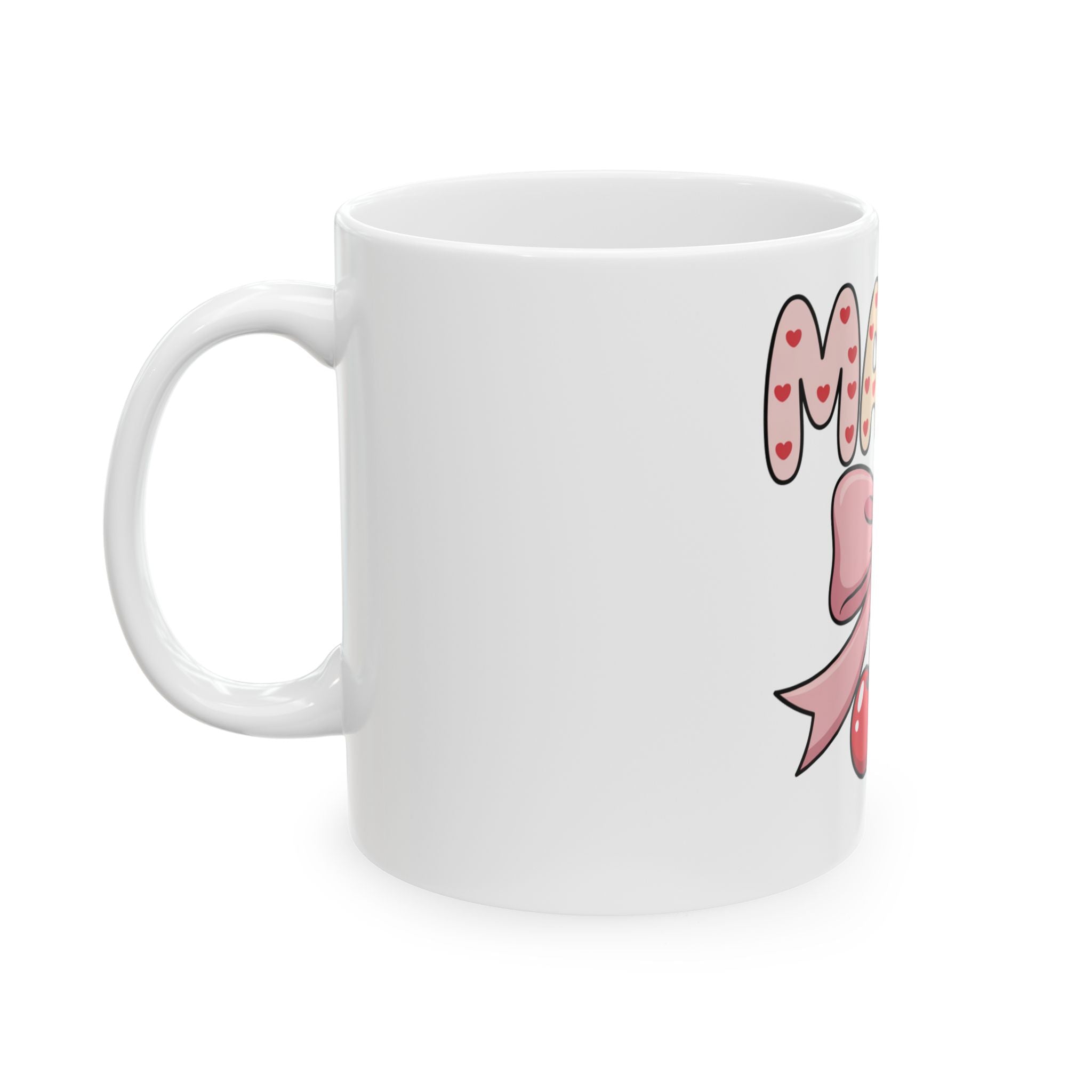 Mama Cherry Ceramic Mug — Cute Pink Bow & Heart Pattern Coffee Cup (11oz/15oz)