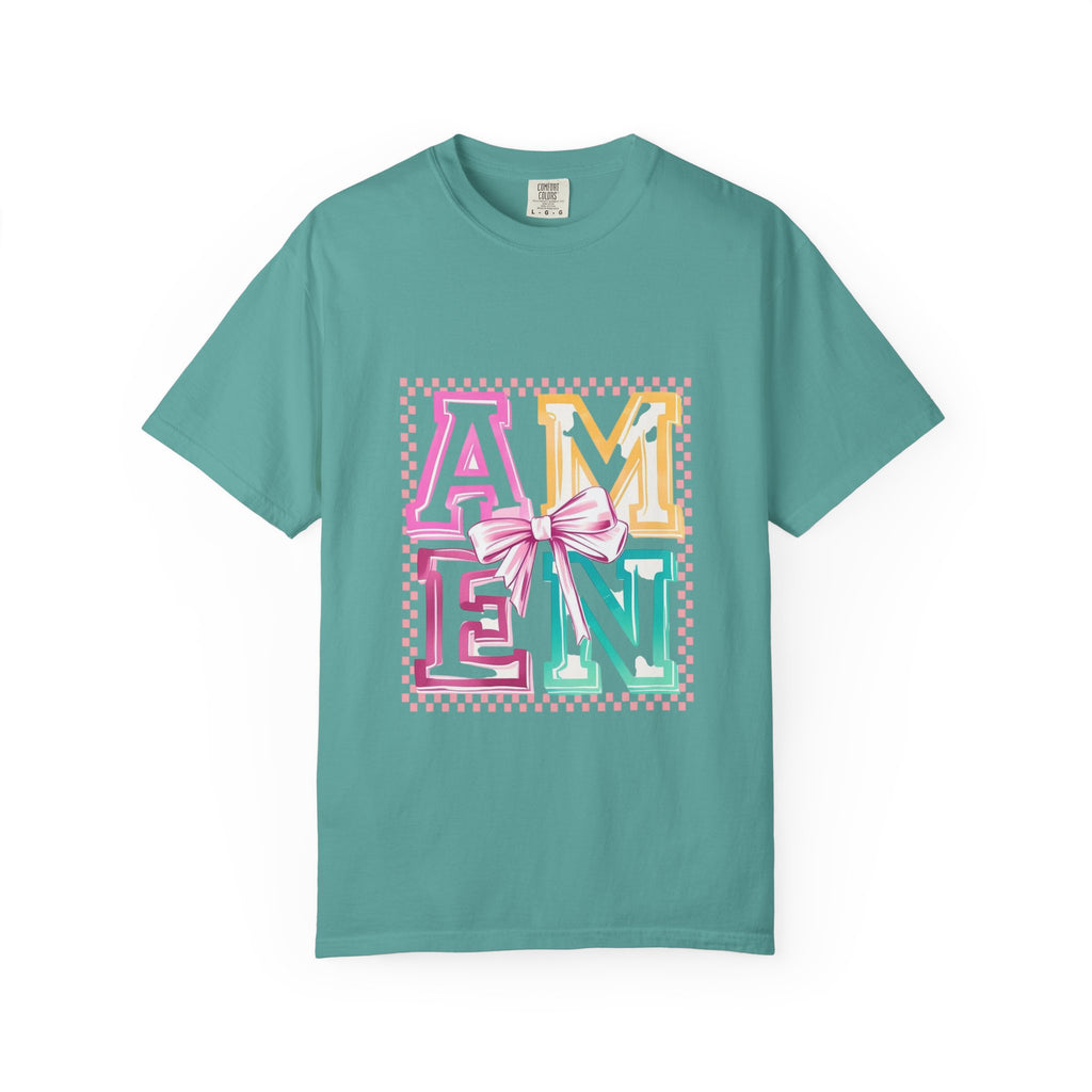 Amen Pastel Graphic T-Shirt — Retro Lettering with Bow