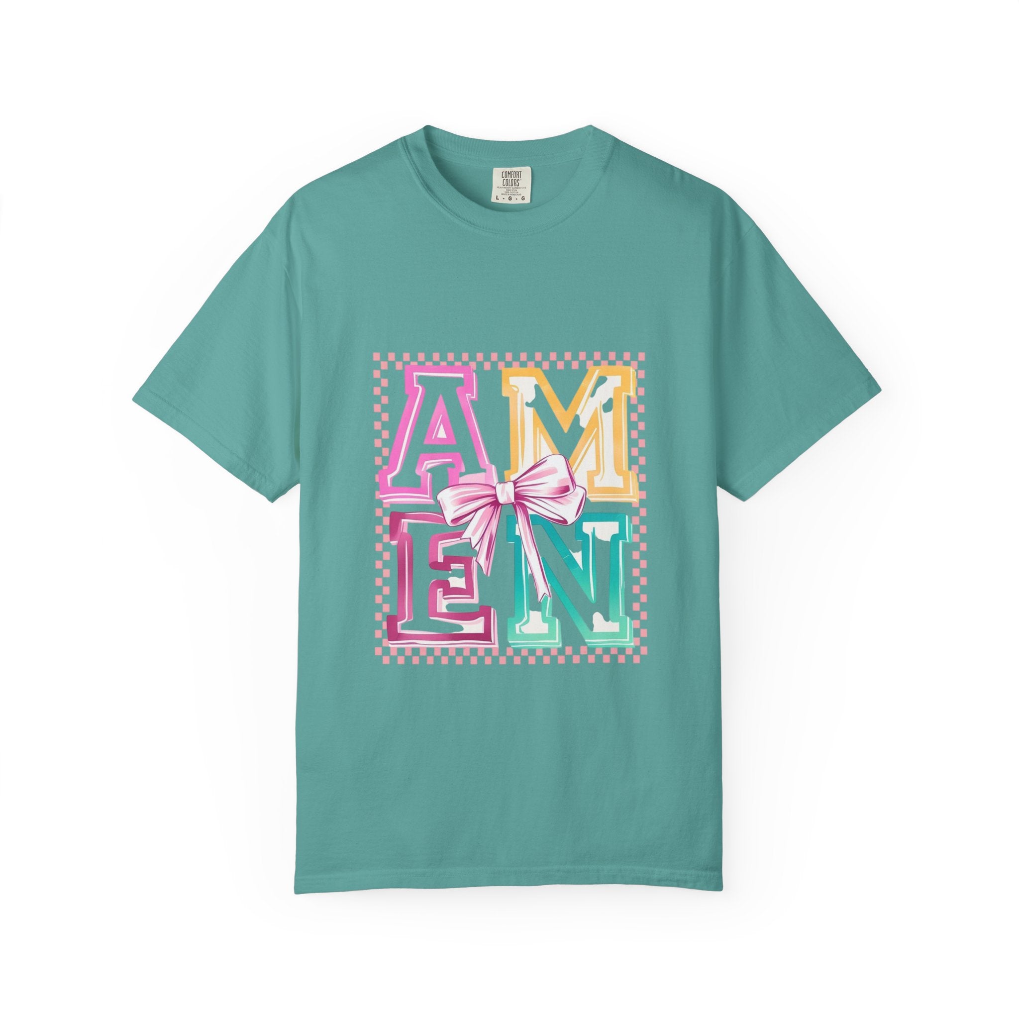 Amen Pastel Graphic T-Shirt — Retro Lettering with Bow
