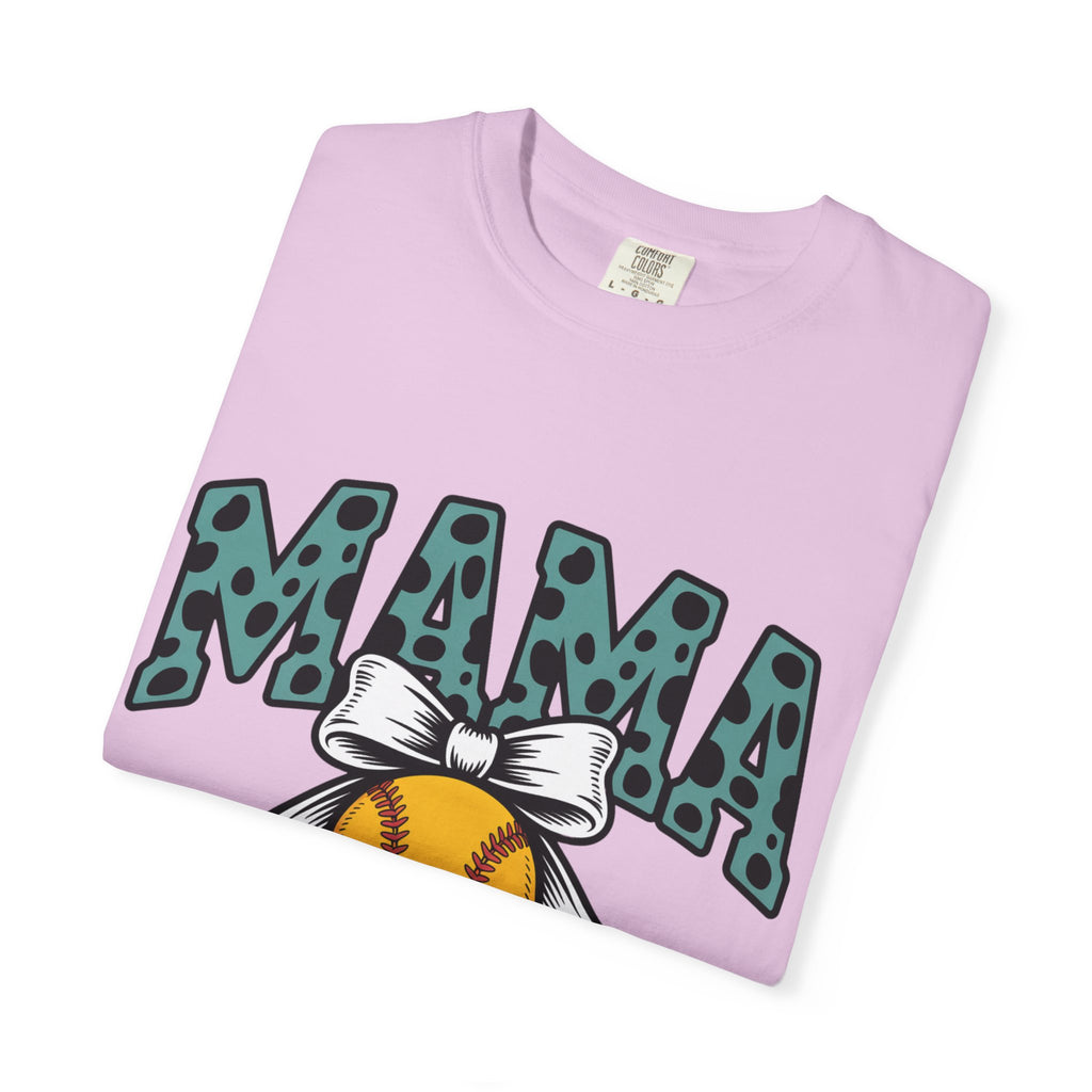 Softball Mama T-Shirt — Polka Dot 'MAMA' Design with Bow & Softball
