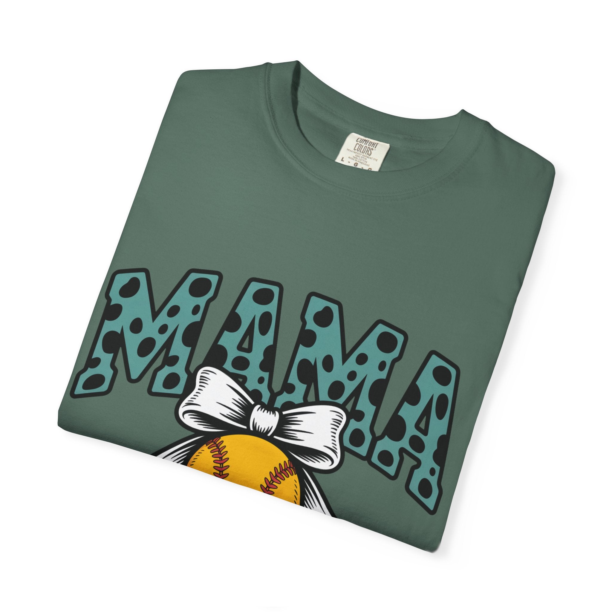 Softball Mama T-Shirt — Polka Dot 'MAMA' Design with Bow & Softball
