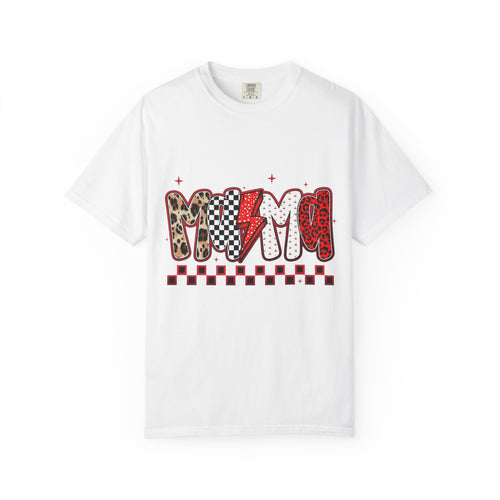 Mom Lightning Bolt Graphic T-Shirt — Retro Checker & Leopard Print Cute Mom Tee