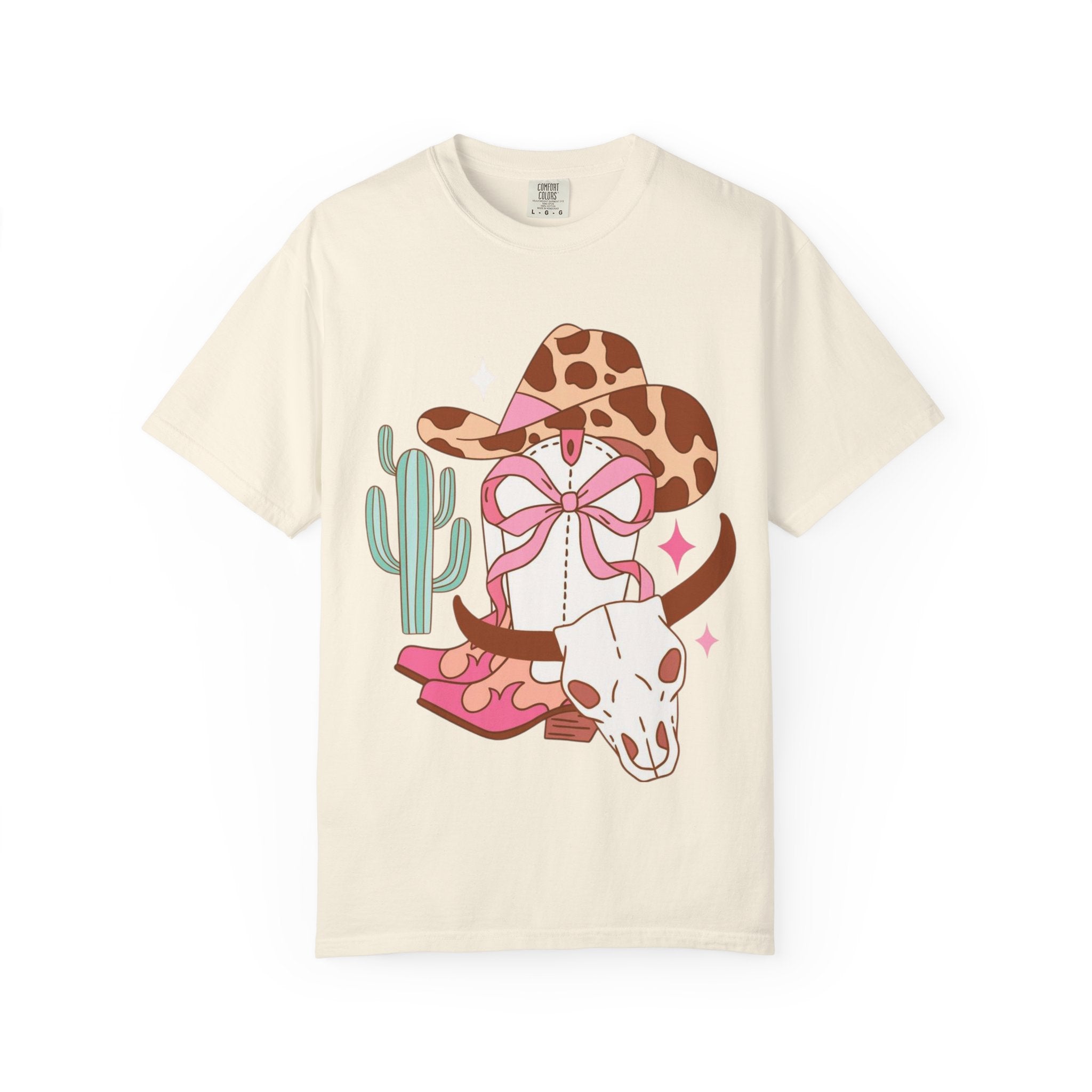 Cowgirl Skull Graphic T-Shirt — Western Cowhide Hat & Cactus Tee