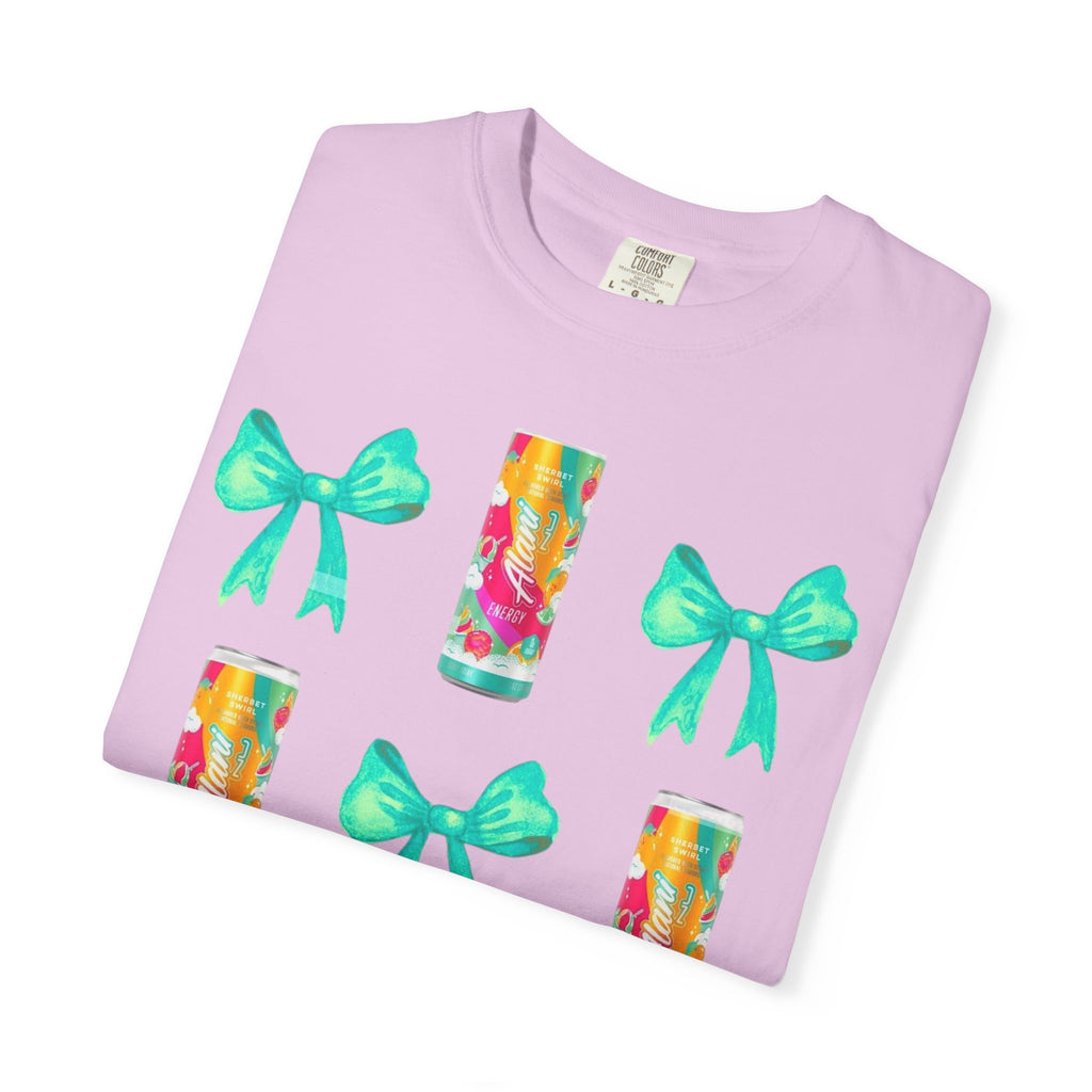 Bow & Can Pattern T-Shirt — Colorful Soda Can and Teal Bows Graphic Tee