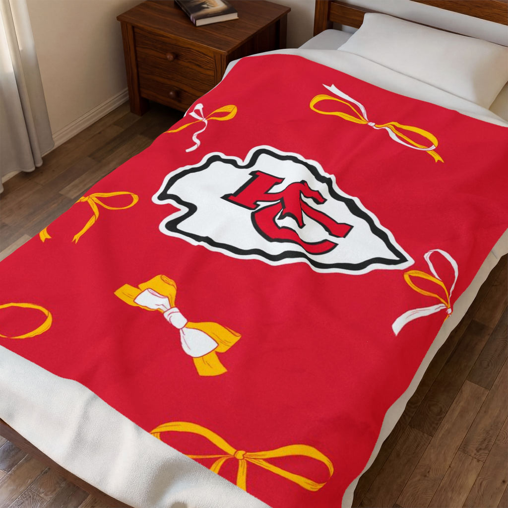 Kansas City Chiefs Velveteen Plush Blanket — Red Bow Pattern Cozy Throw