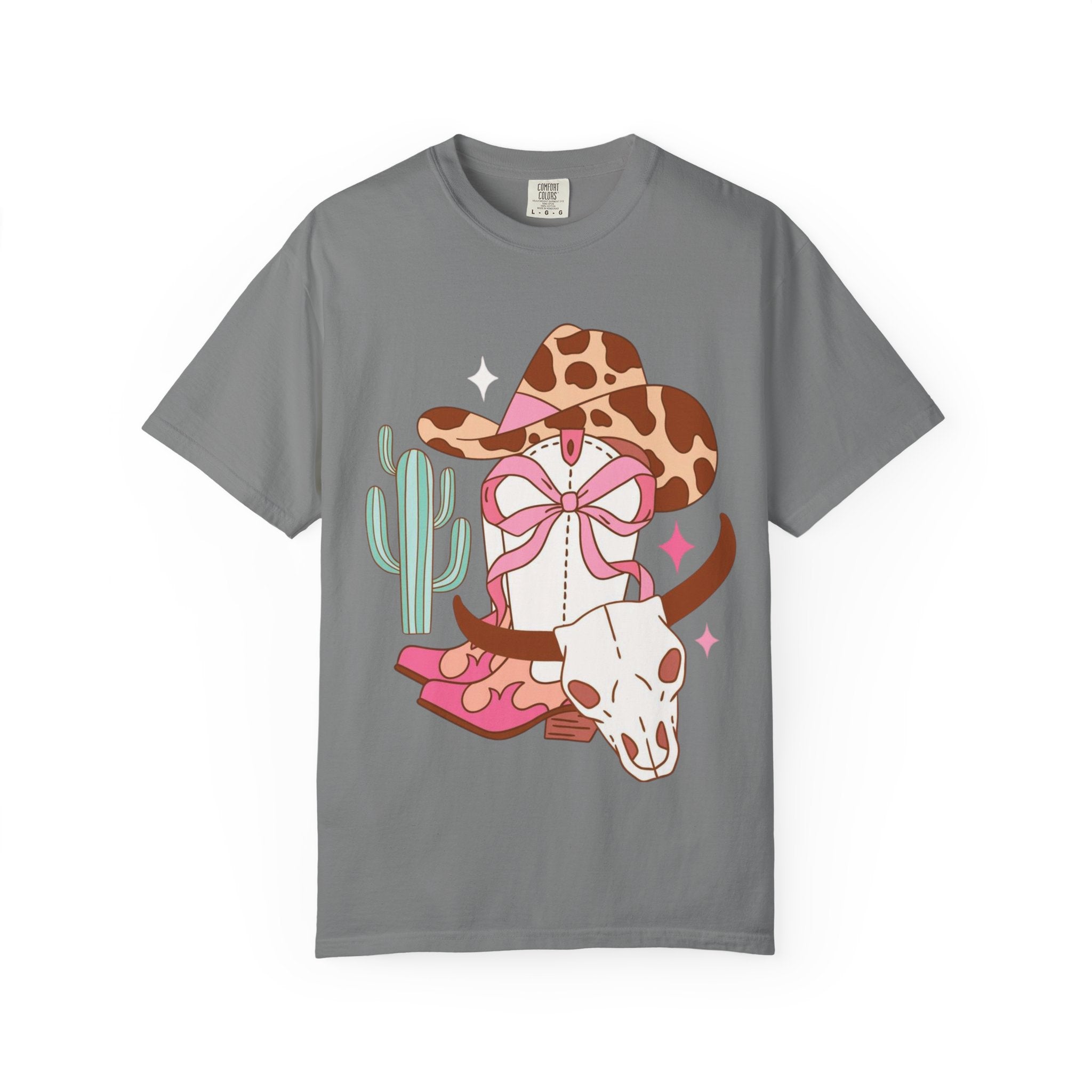Cowgirl Skull Graphic T-Shirt — Western Cowhide Hat & Cactus Tee