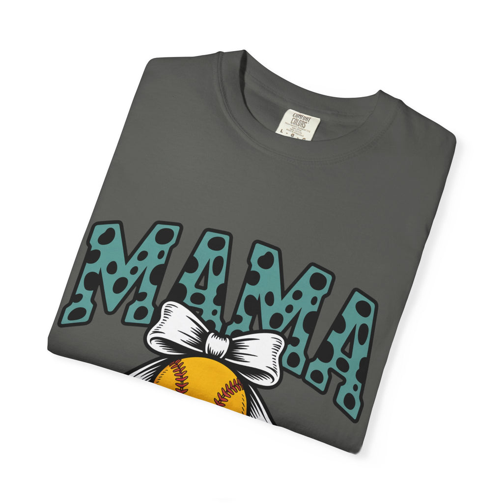 Softball Mama T-Shirt — Polka Dot 'MAMA' Design with Bow & Softball