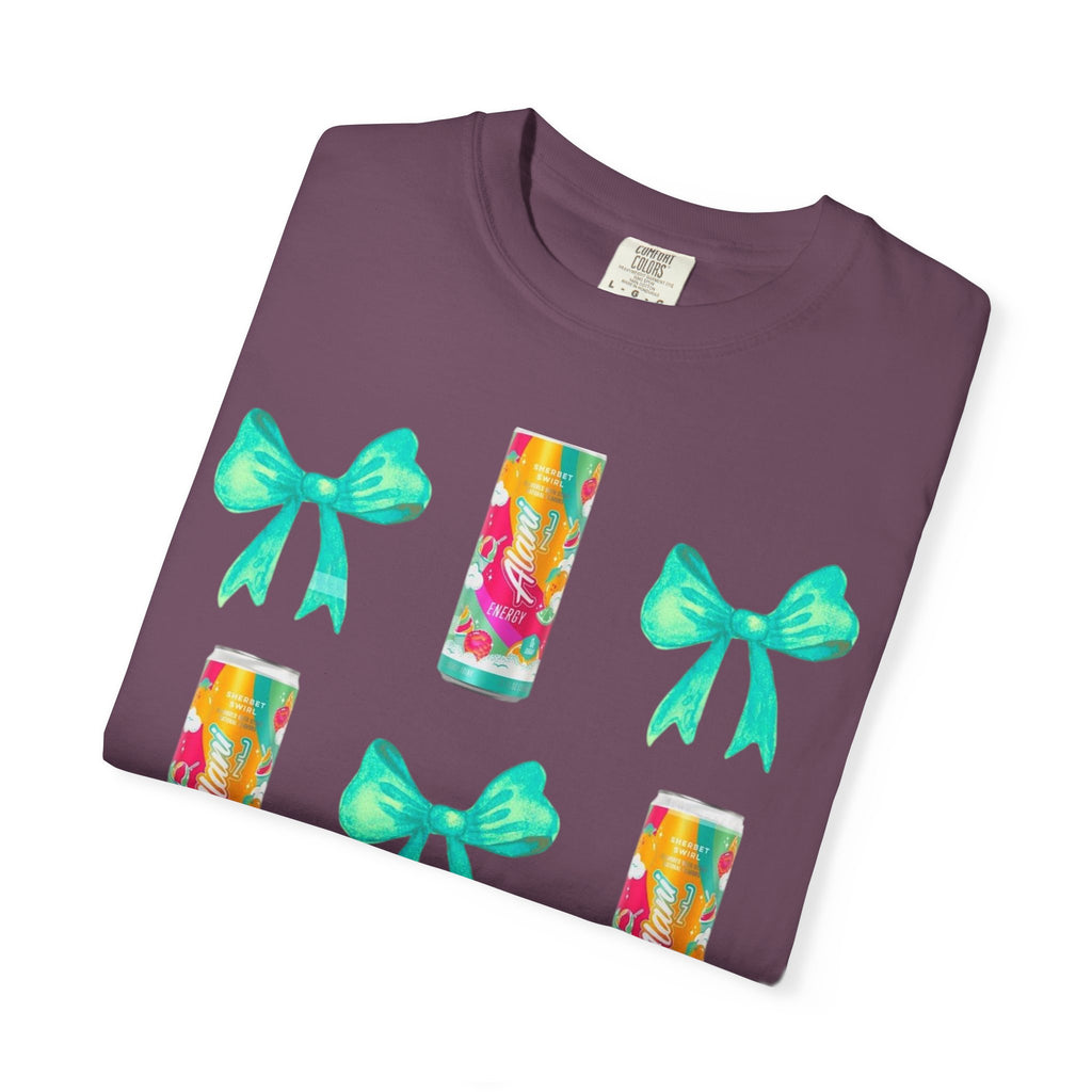Bow & Can Pattern T-Shirt — Colorful Soda Can and Teal Bows Graphic Tee