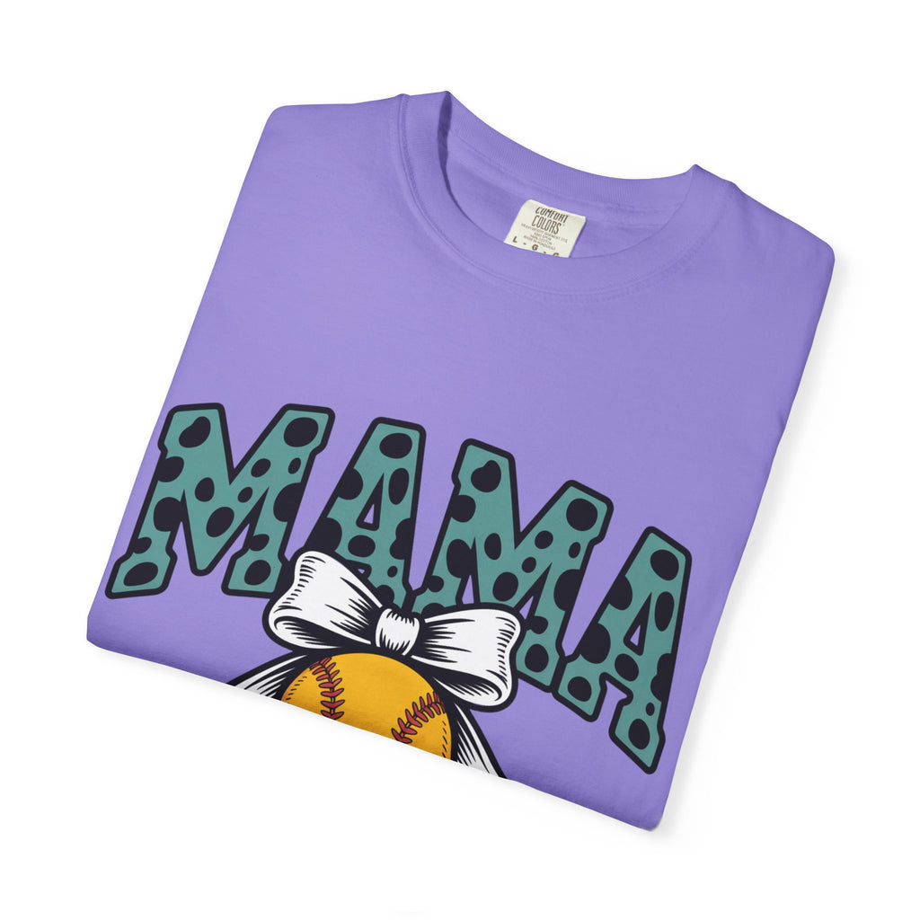 Softball Mama T-Shirt — Polka Dot 'MAMA' Design with Bow & Softball