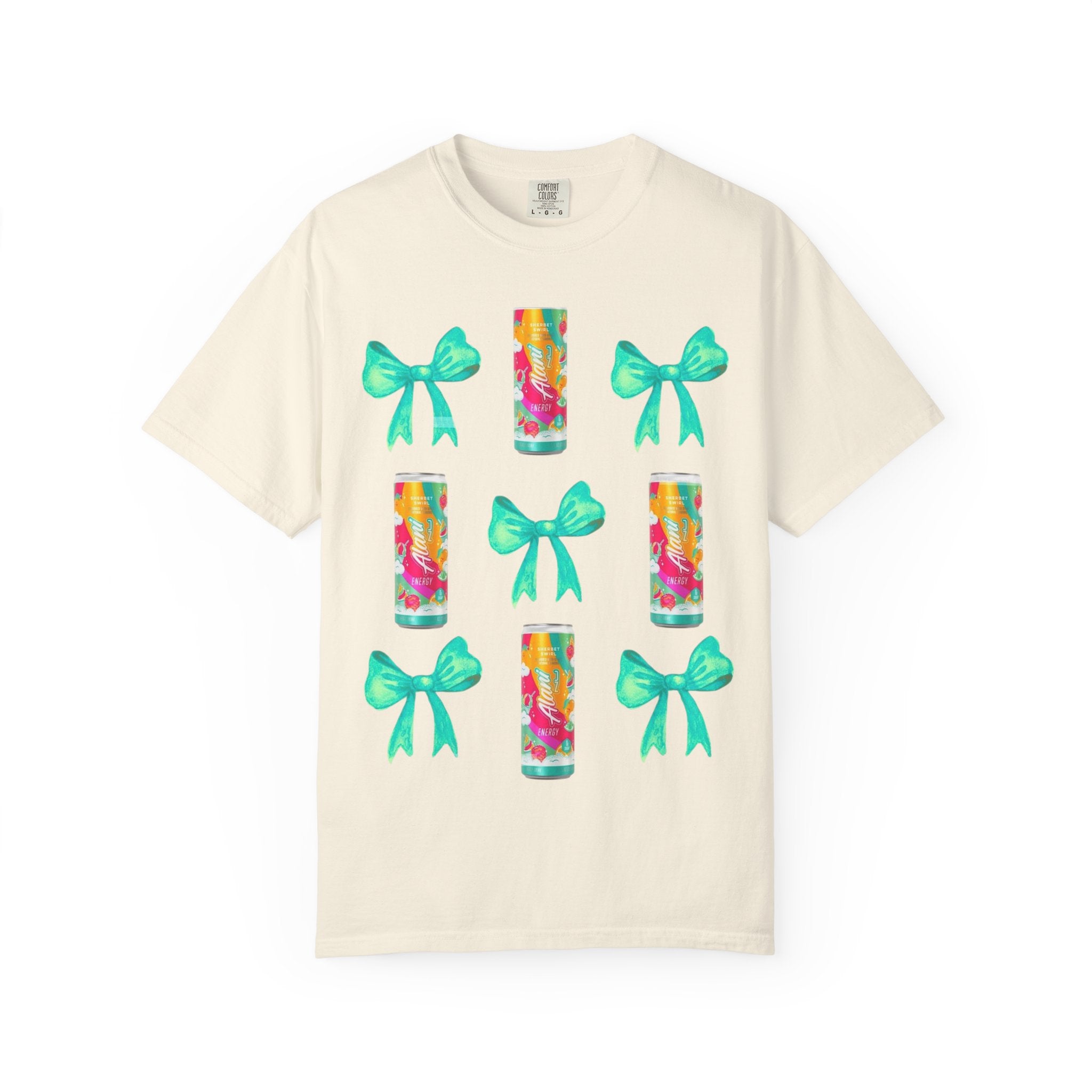 Bow & Can Pattern T-Shirt — Colorful Soda Can and Teal Bows Graphic Tee