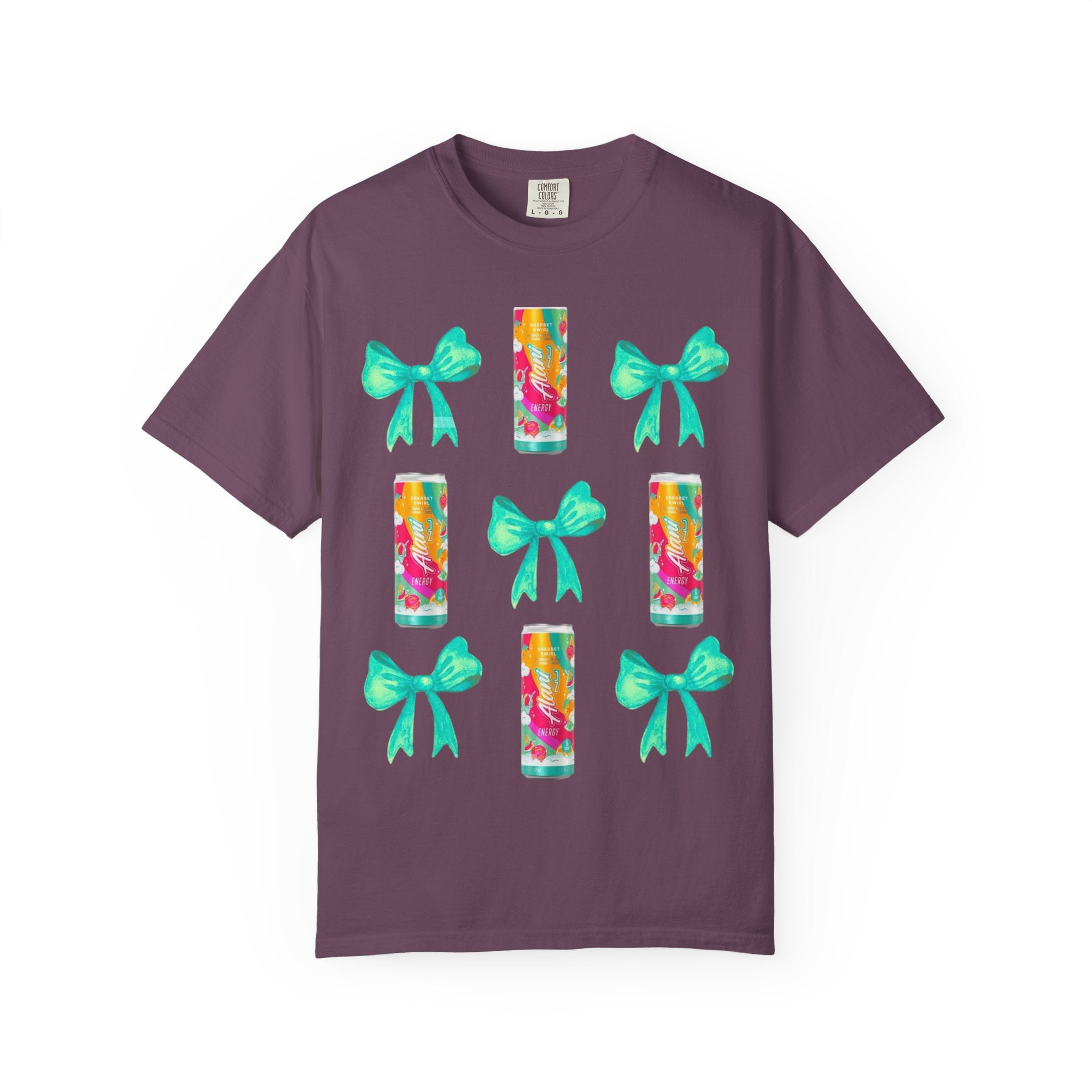 Bow & Can Pattern T-Shirt — Colorful Soda Can and Teal Bows Graphic Tee