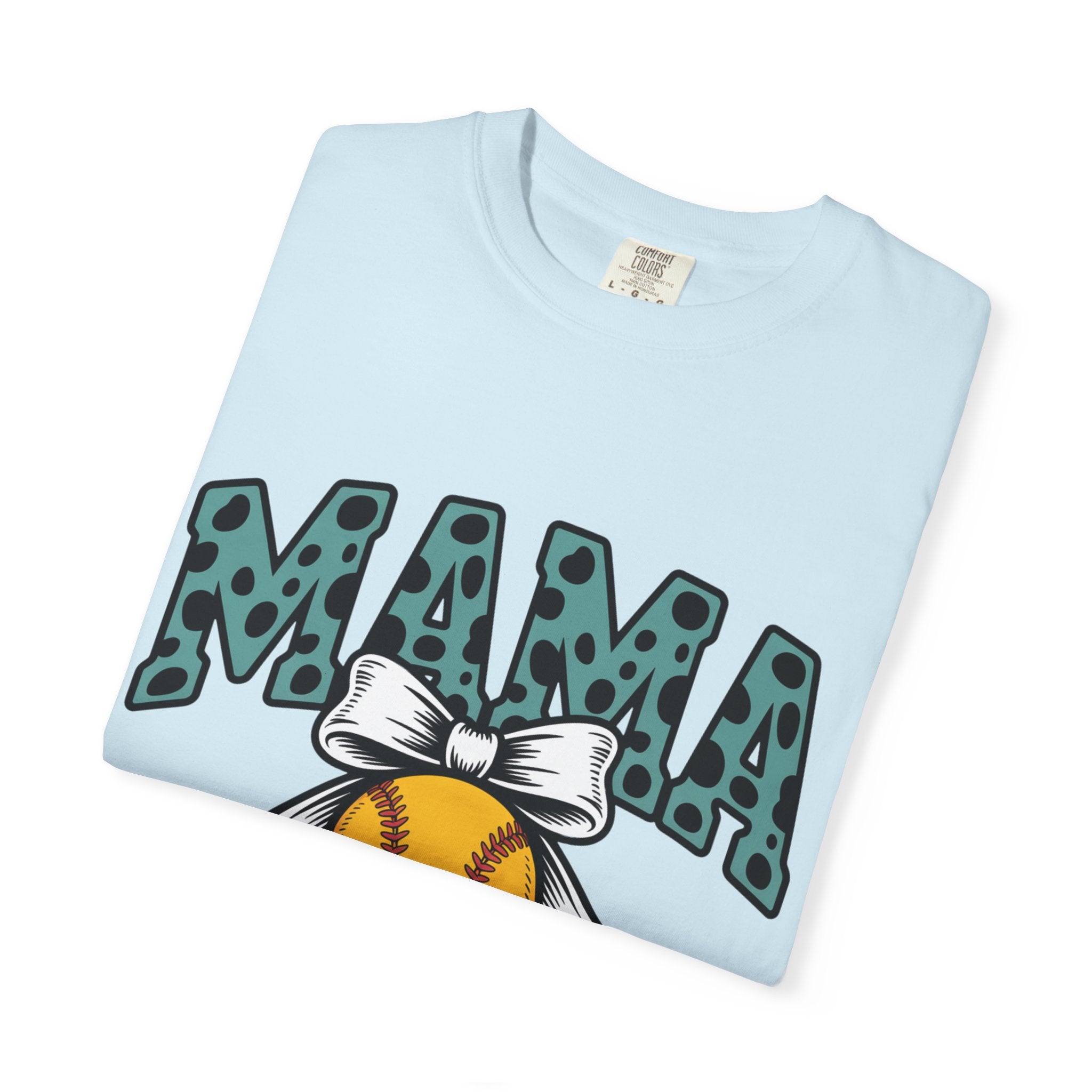 Softball Mama T-Shirt — Polka Dot 'MAMA' Design with Bow & Softball