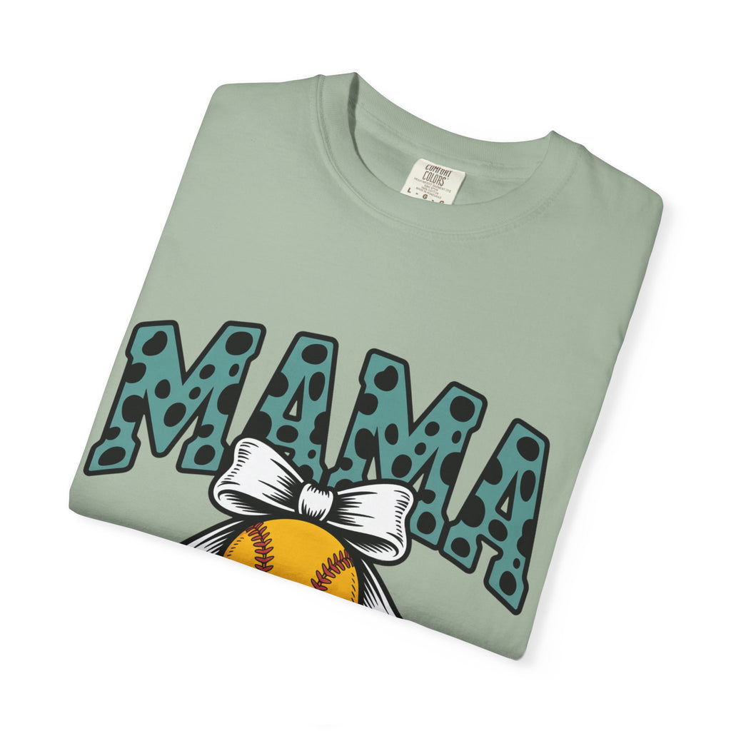Softball Mama T-Shirt — Polka Dot 'MAMA' Design with Bow & Softball