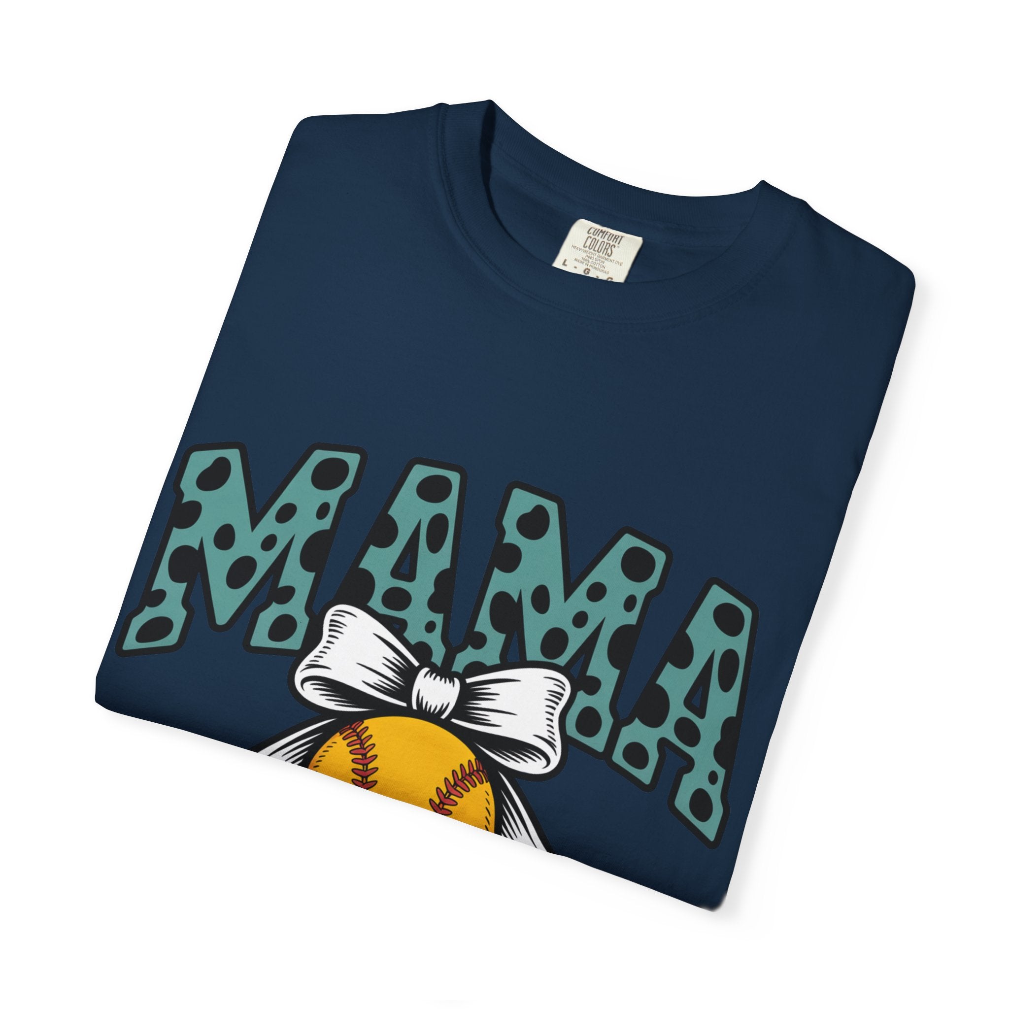 Softball Mama T-Shirt — Polka Dot 'MAMA' Design with Bow & Softball