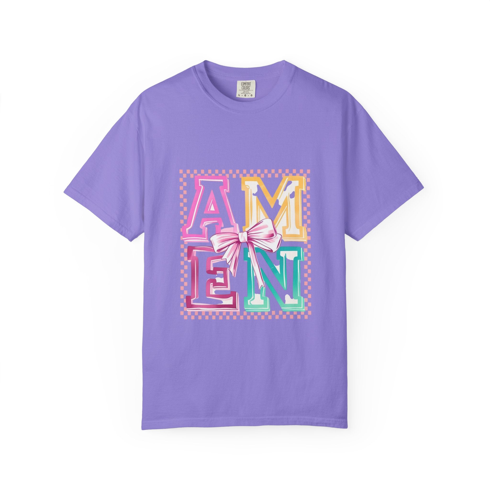Amen Pastel Graphic T-Shirt — Retro Lettering with Bow