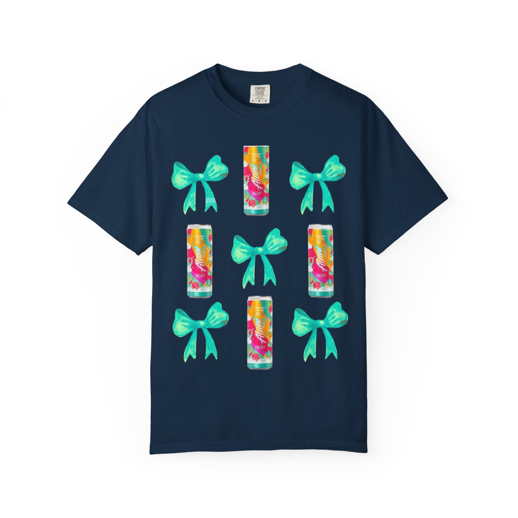 Bow & Can Pattern T-Shirt — Colorful Soda Can and Teal Bows Graphic Tee