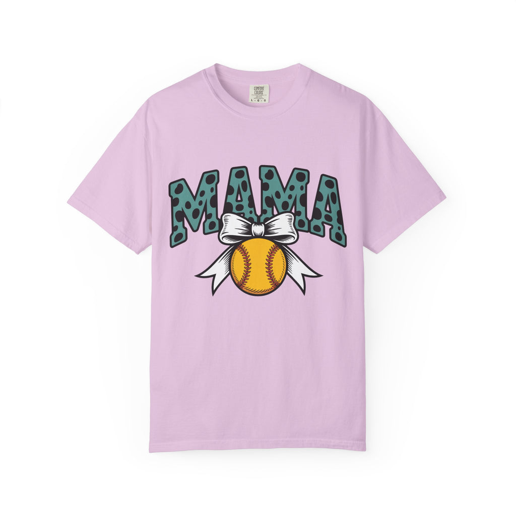 Softball Mama T-Shirt — Polka Dot 'MAMA' Design with Bow & Softball