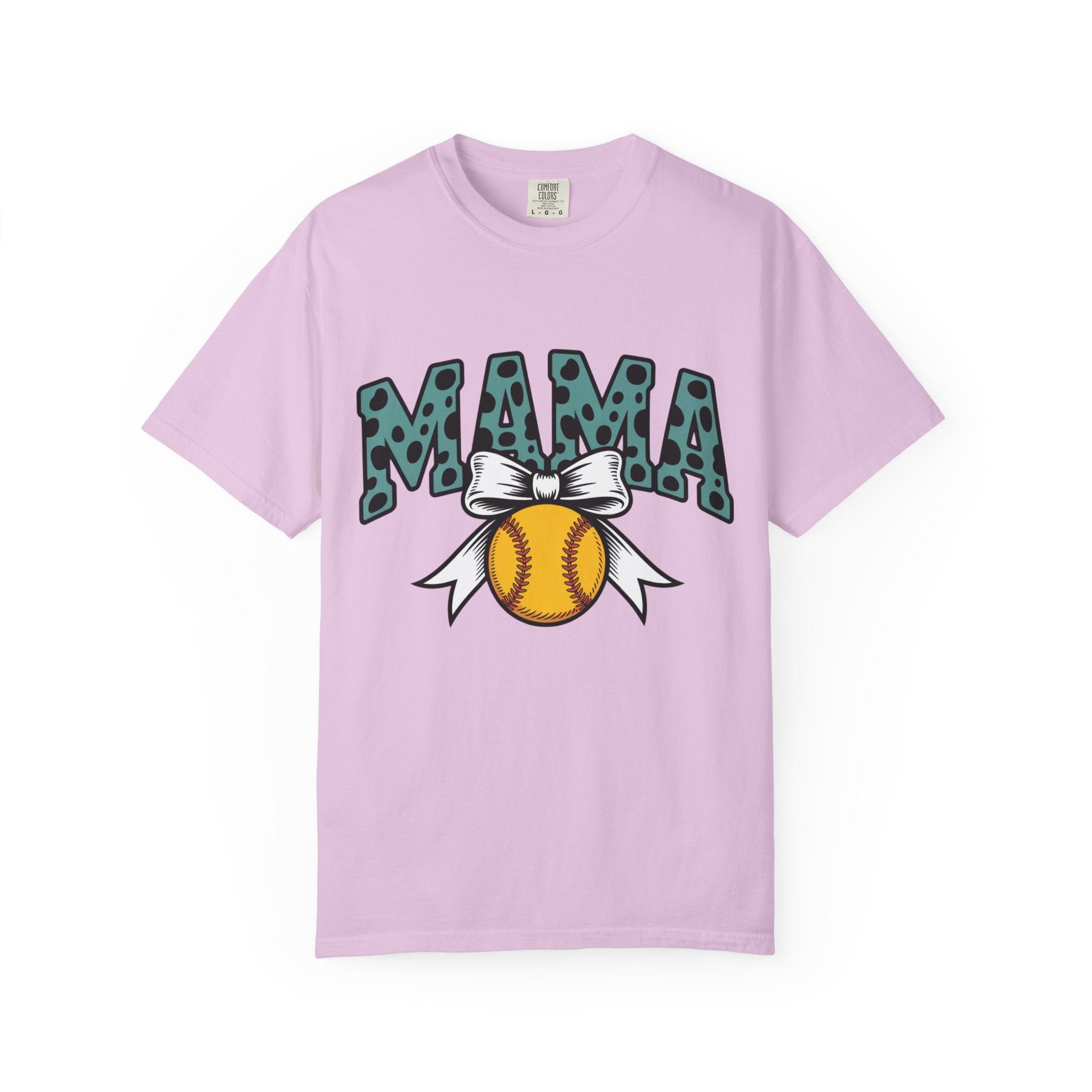 Softball Mama T-Shirt — Polka Dot 'MAMA' Design with Bow & Softball