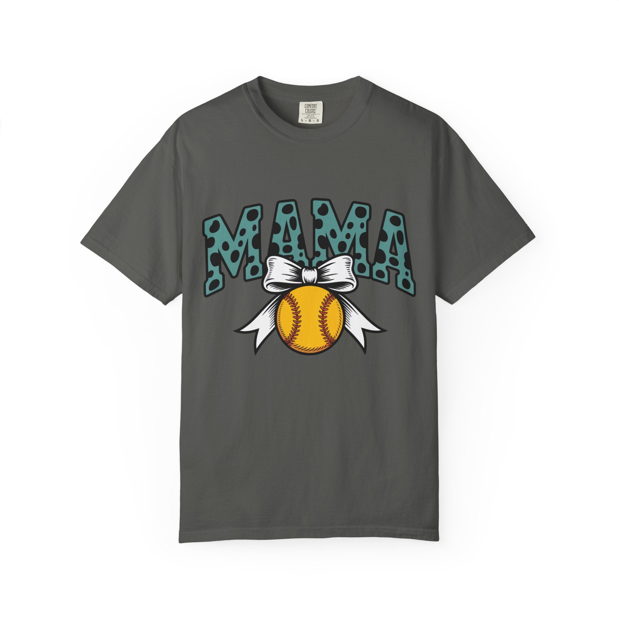 Softball Mama T-Shirt — Polka Dot 'MAMA' Design with Bow & Softball