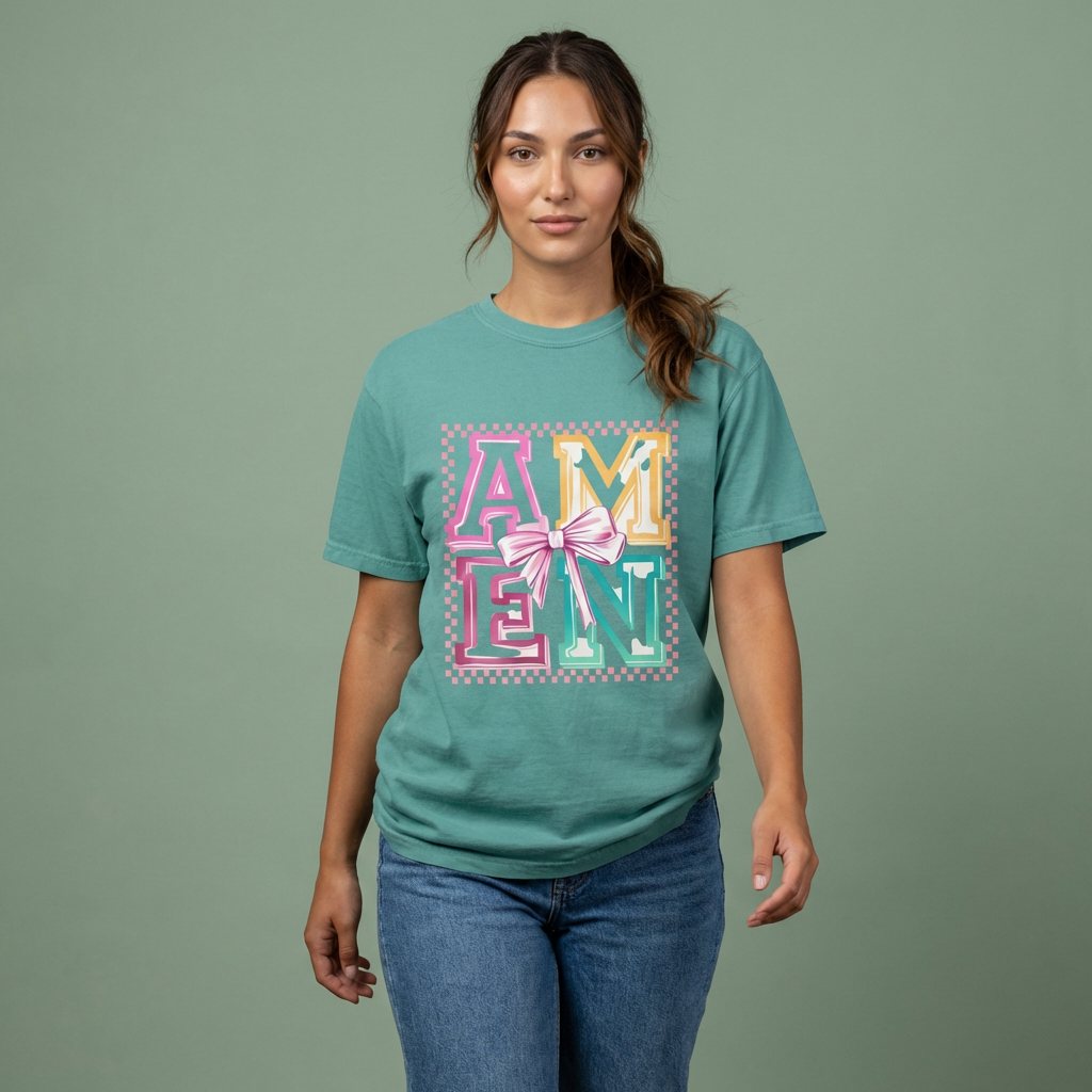 Amen Pastel Graphic T-Shirt — Retro Lettering with Bow