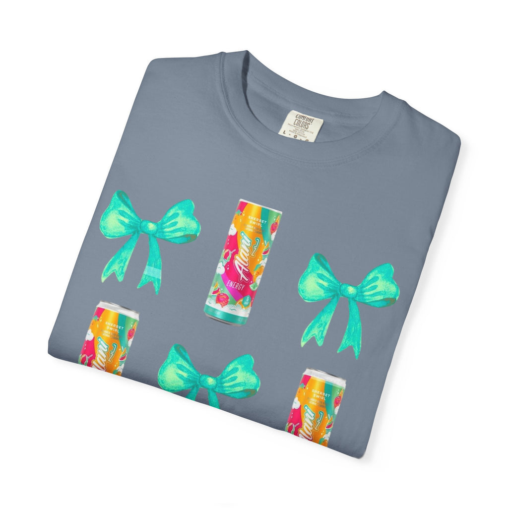 Bow & Can Pattern T-Shirt — Colorful Soda Can and Teal Bows Graphic Tee