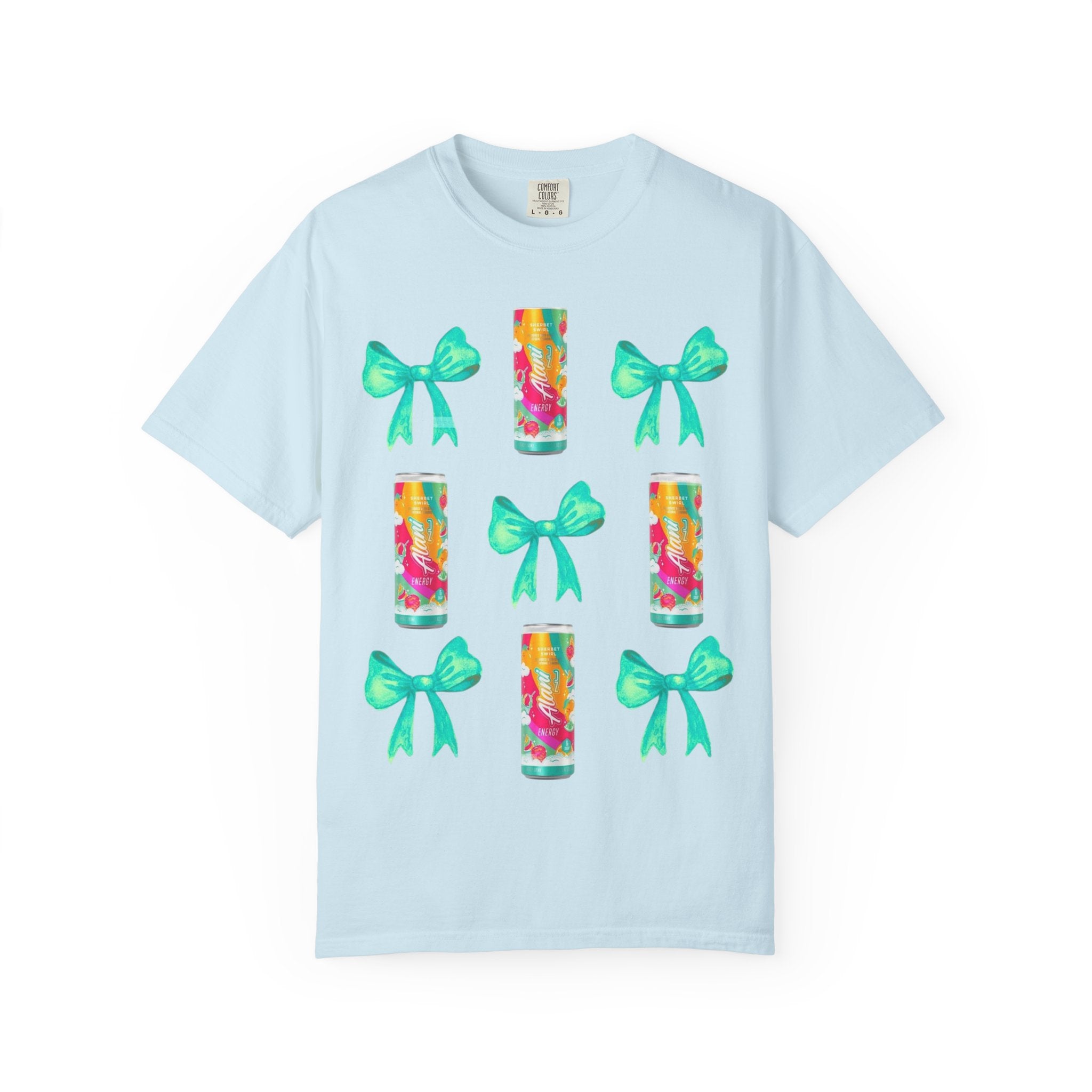 Bow & Can Pattern T-Shirt — Colorful Soda Can and Teal Bows Graphic Tee